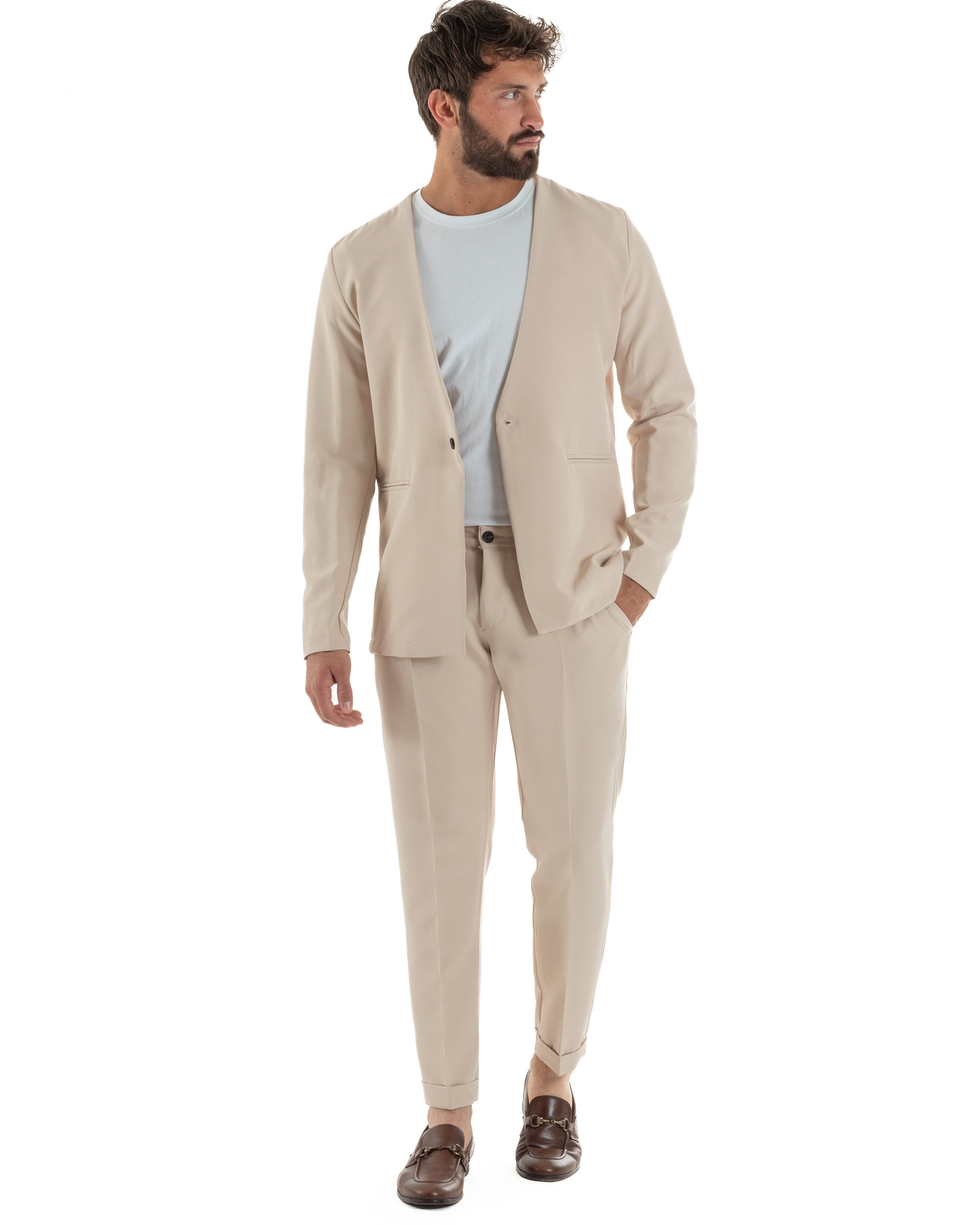 Abito Uomo Monopetto Vestito Viscosa Completo Giacca Pantaloni Beige GIOSAL-OU2409A