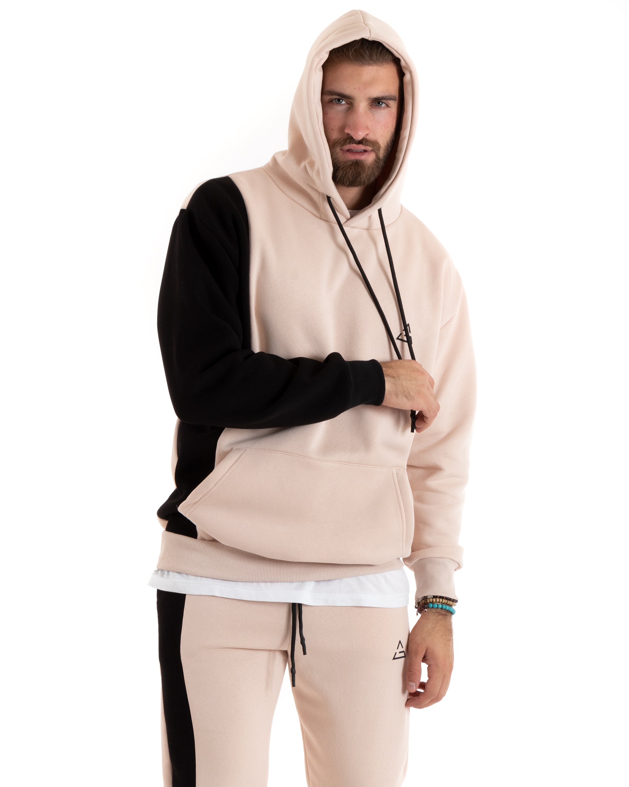 Completo Tuta Uomo Basic Felpa Con Cappuccio Pantaloni Cotone Felpato Tinta Unita Bicolore Rosa GIOSAL-OU2420A