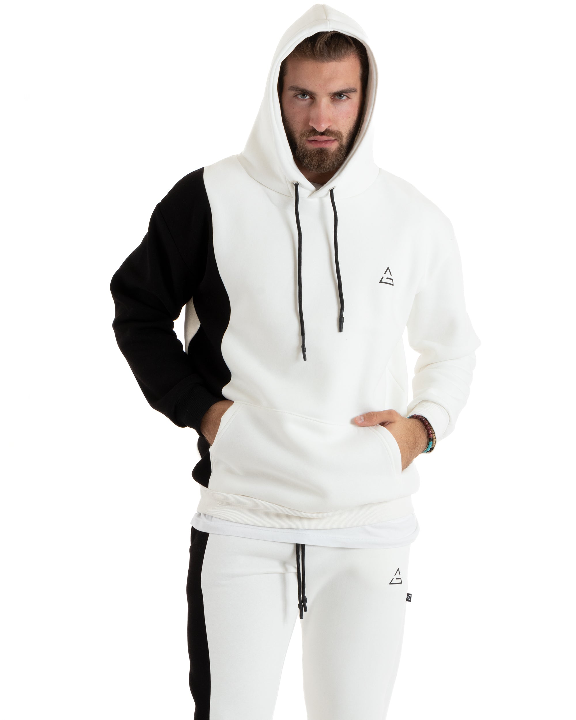 Completo Tuta Uomo Basic Felpa Con Cappuccio Pantaloni Cotone Felpato Tinta Unita Bicolore Bianco GIOSAL-OU2422A