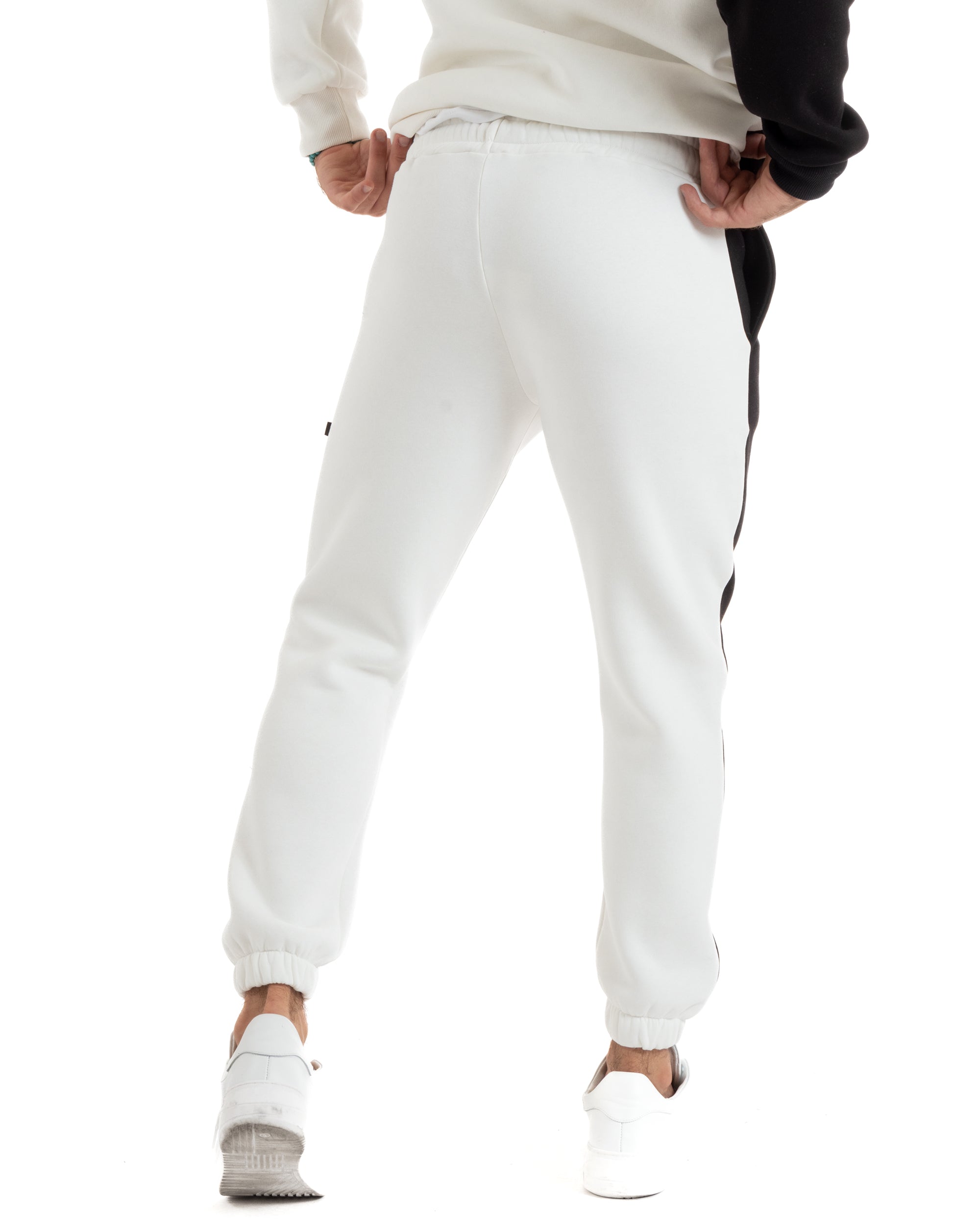 Completo Tuta Uomo Basic Felpa Con Cappuccio Pantaloni Cotone Felpato Tinta Unita Bicolore Bianco GIOSAL-OU2422A