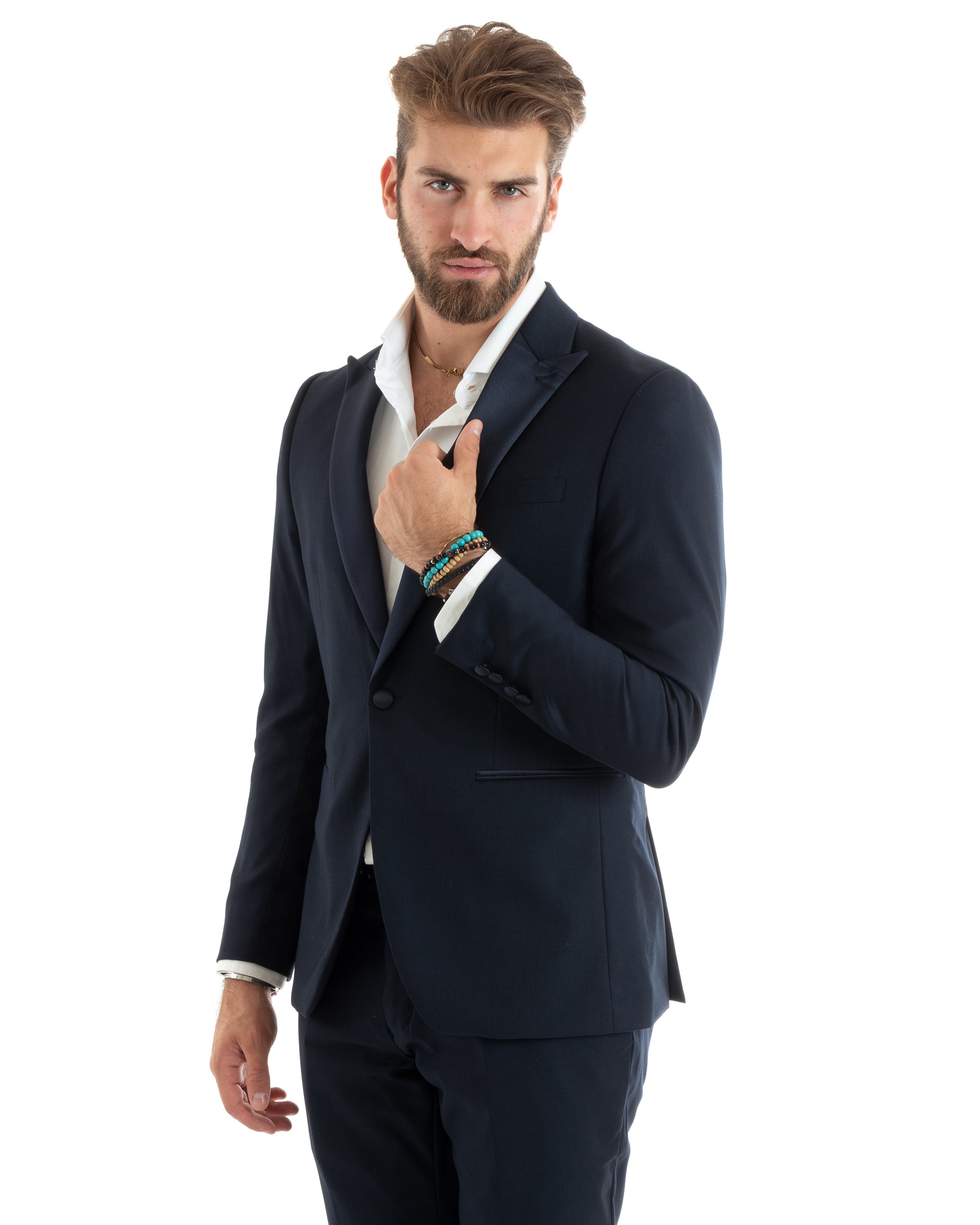 Abito Uomo Monopetto Vestito Smoking Rever Raso Completo Giacca Pantaloni Blu Elegante GIOSAL-OU2425A