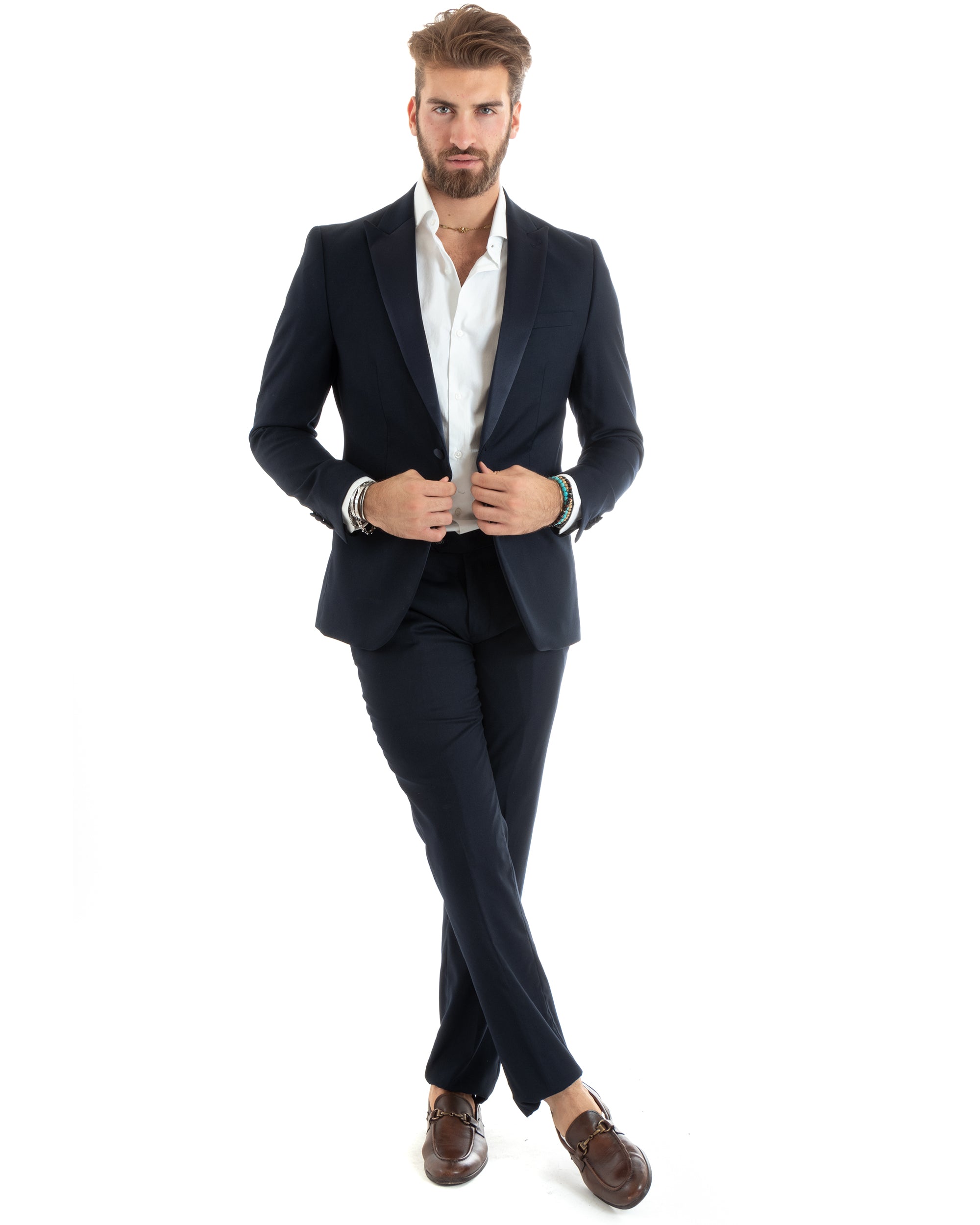 Abito Uomo Monopetto Vestito Smoking Rever Raso Completo Giacca Pantaloni Blu Elegante GIOSAL-OU2425A