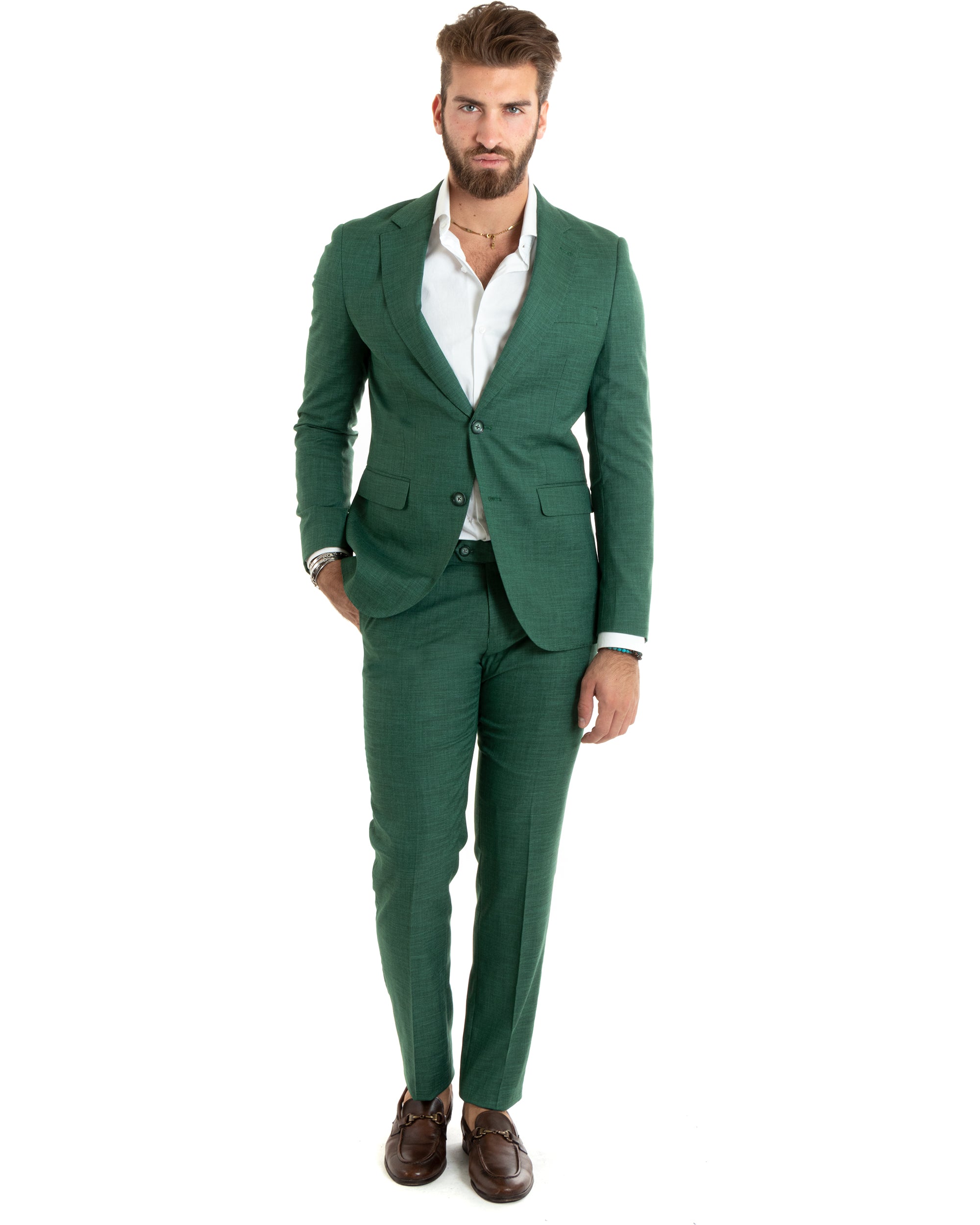 Abito Uomo Monopetto Vestito Completo Giacca Pantaloni Verde Melangiato Elegante Casual GIOSAL-OU2427A