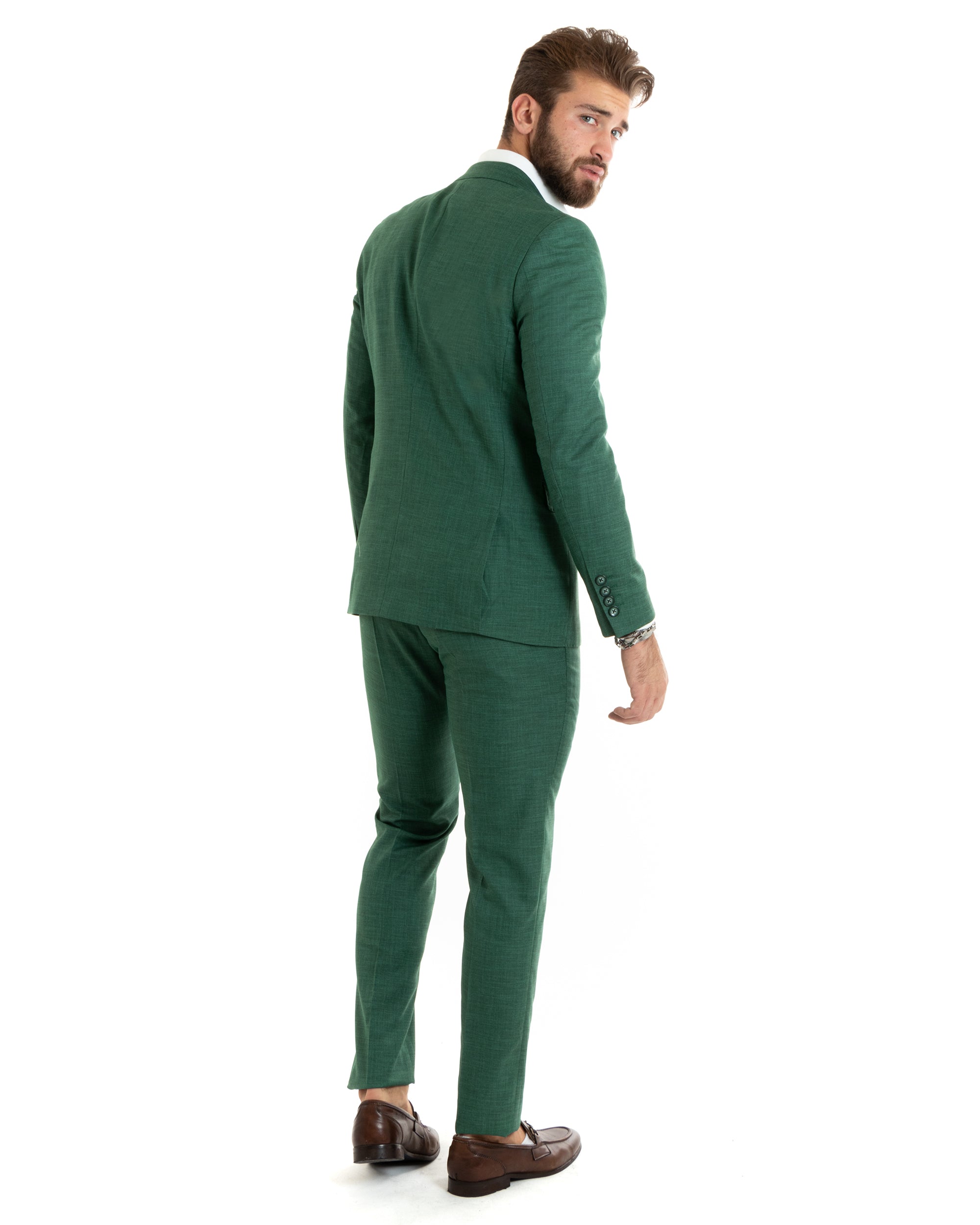 Abito Uomo Monopetto Vestito Completo Giacca Pantaloni Verde Melangiato Elegante Casual GIOSAL-OU2427A