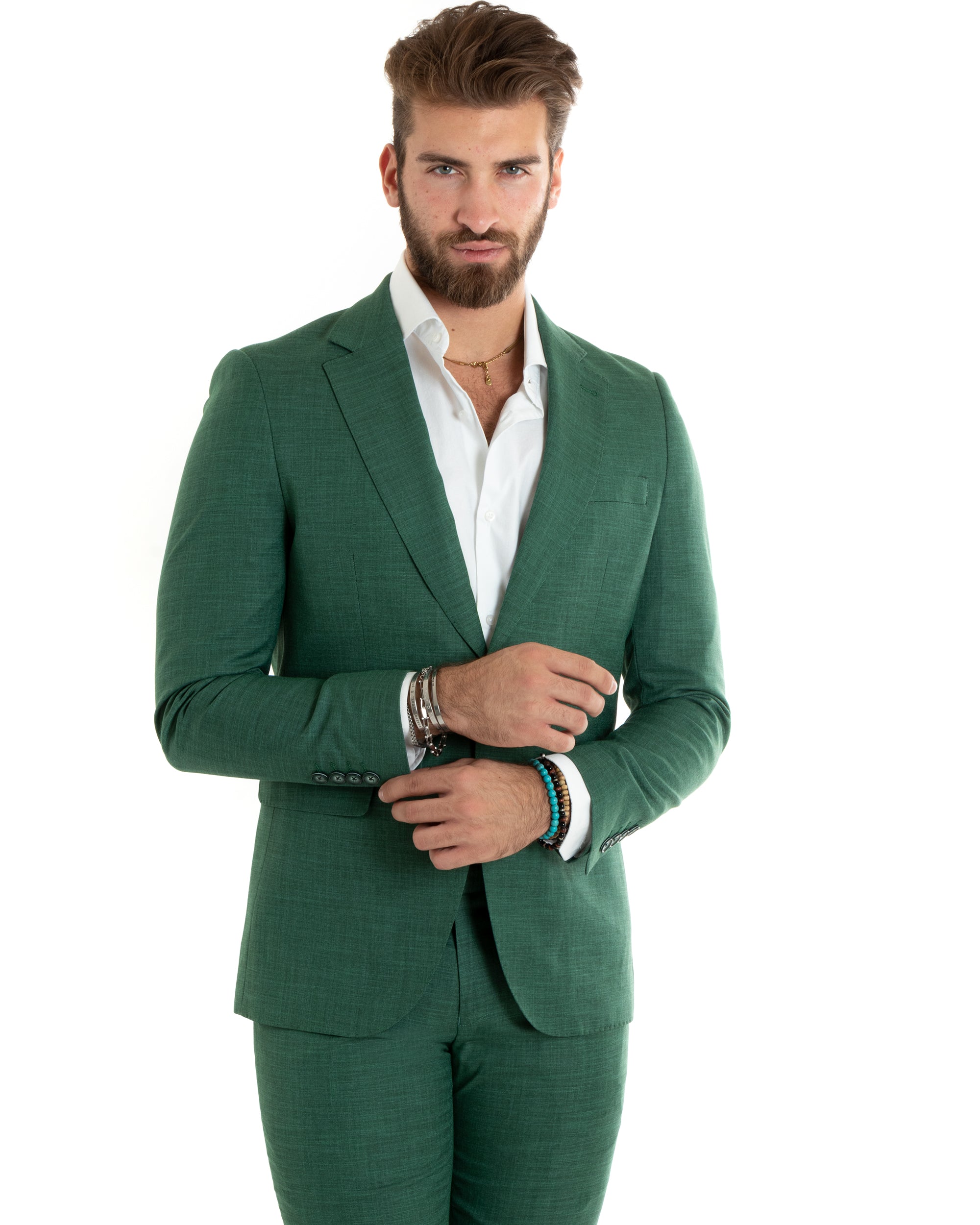 Vista frontale giacca monopetto verde melangiato uomo slim fit