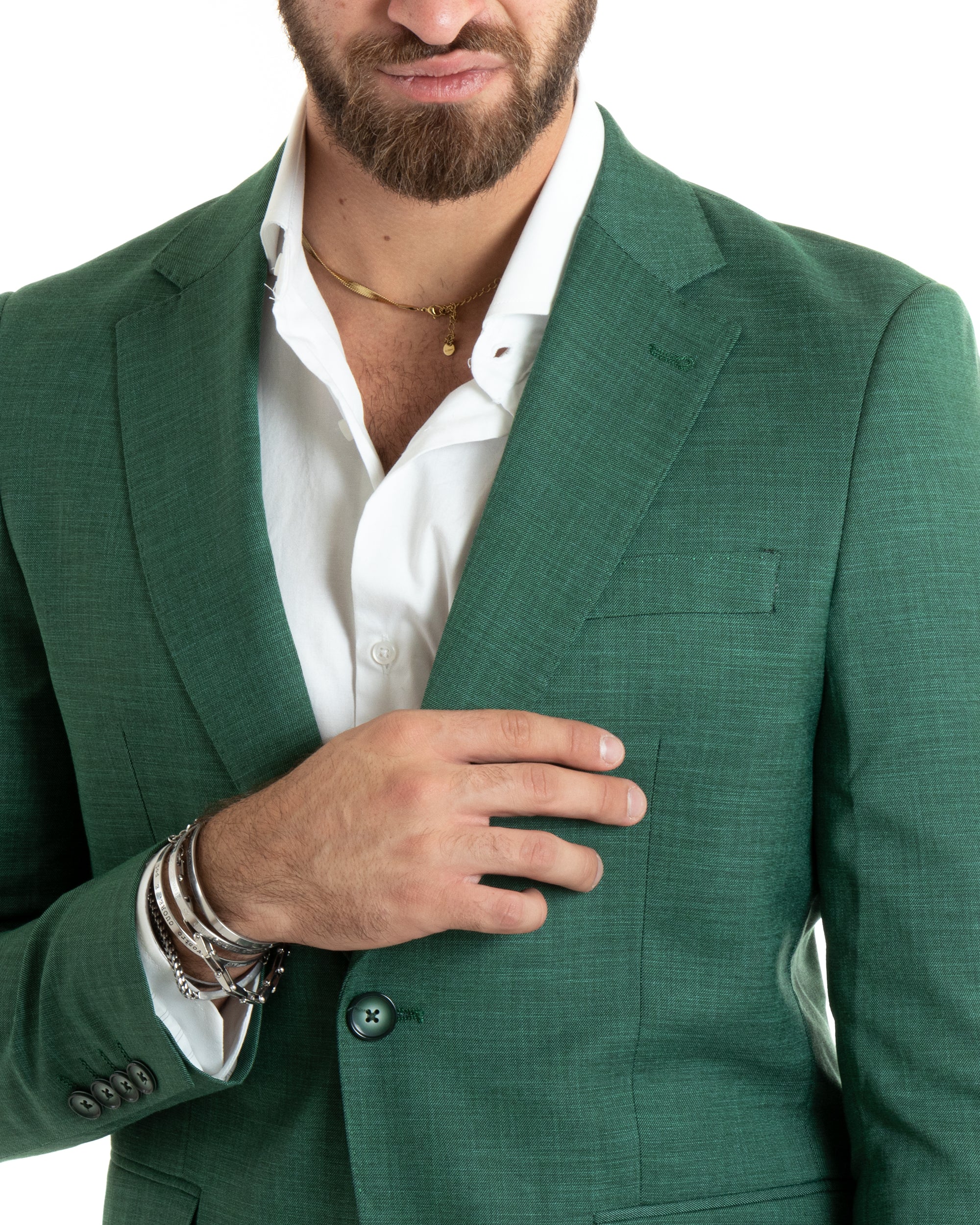 Abito Uomo Monopetto Vestito Completo Giacca Pantaloni Verde Melangiato Elegante Casual GIOSAL-OU2427A