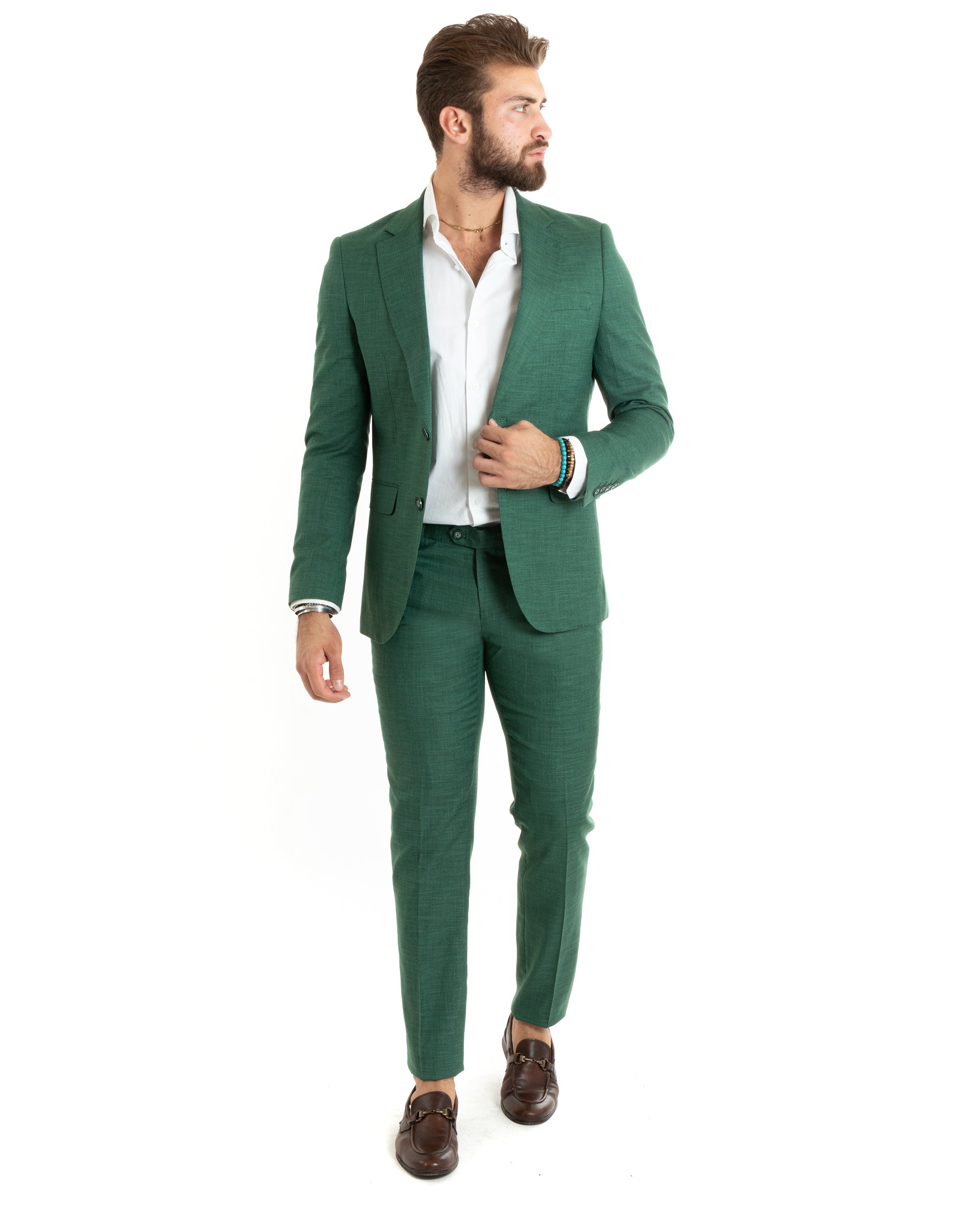 Abito Uomo Monopetto Vestito Completo Giacca Pantaloni Verde Melangiato Elegante Casual GIOSAL-OU2427A