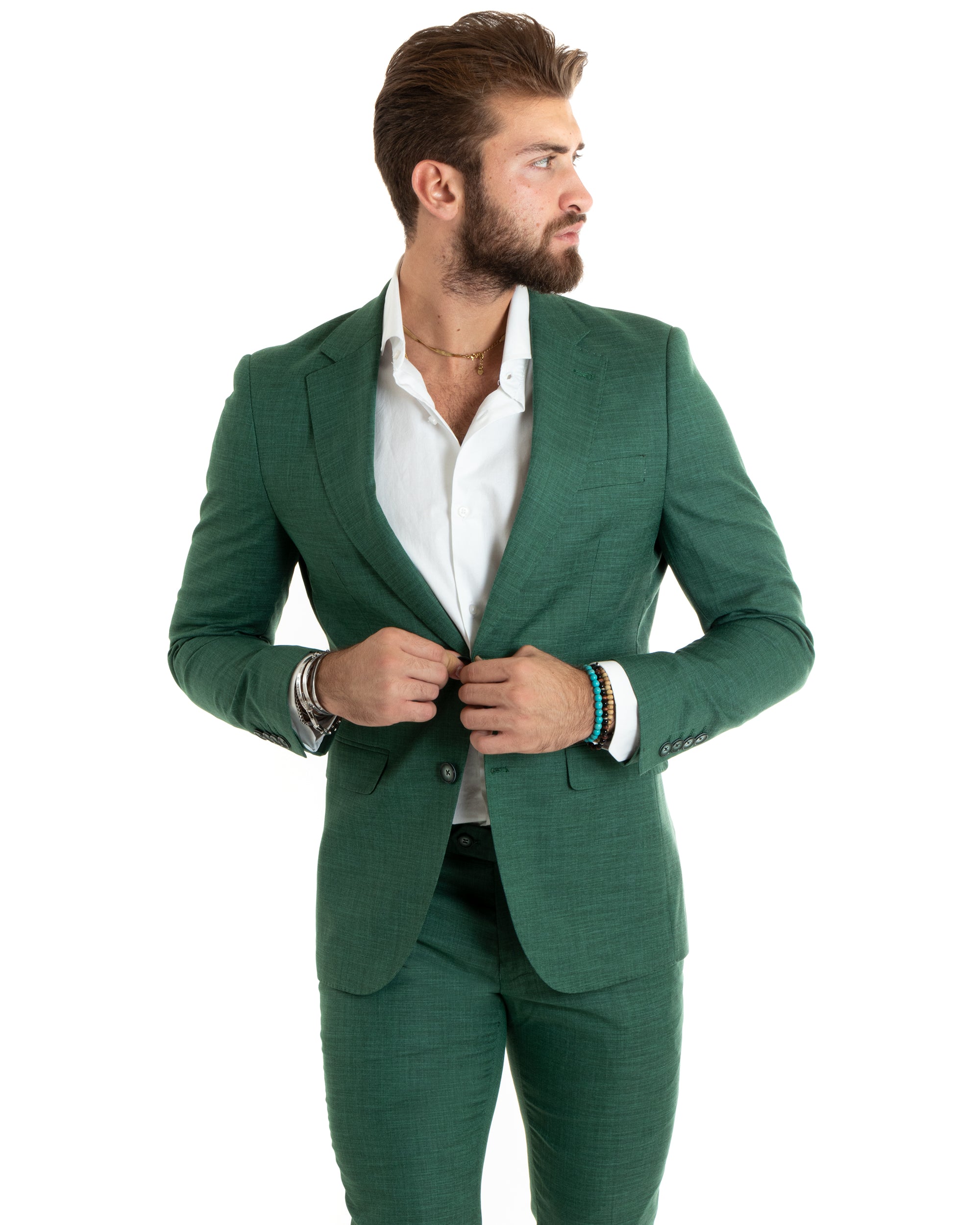 Abito Uomo Monopetto Vestito Completo Giacca Pantaloni Verde Melangiato Elegante Casual GIOSAL-OU2427A