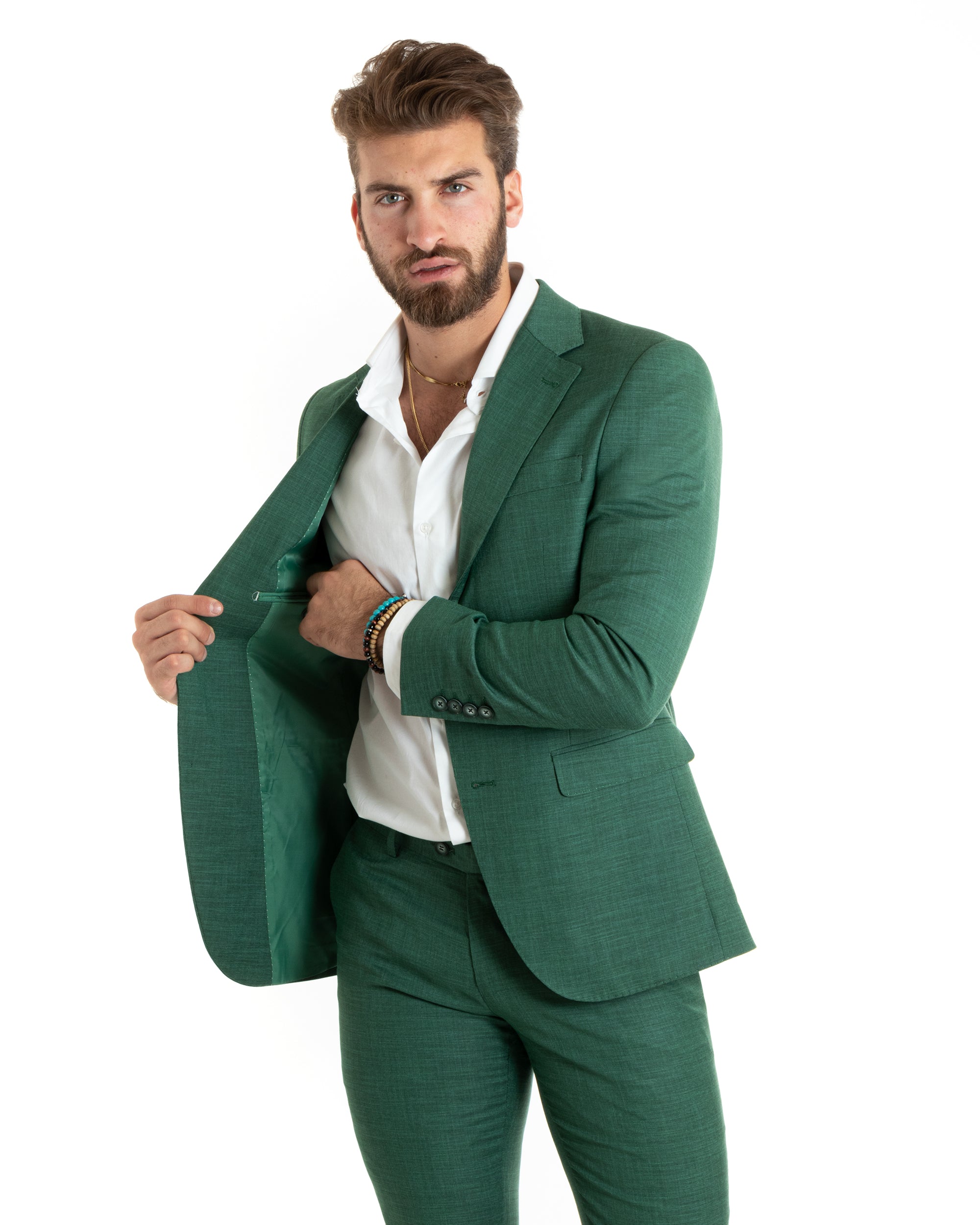 Abito Uomo Monopetto Vestito Completo Giacca Pantaloni Verde Melangiato Elegante Casual GIOSAL-OU2427A