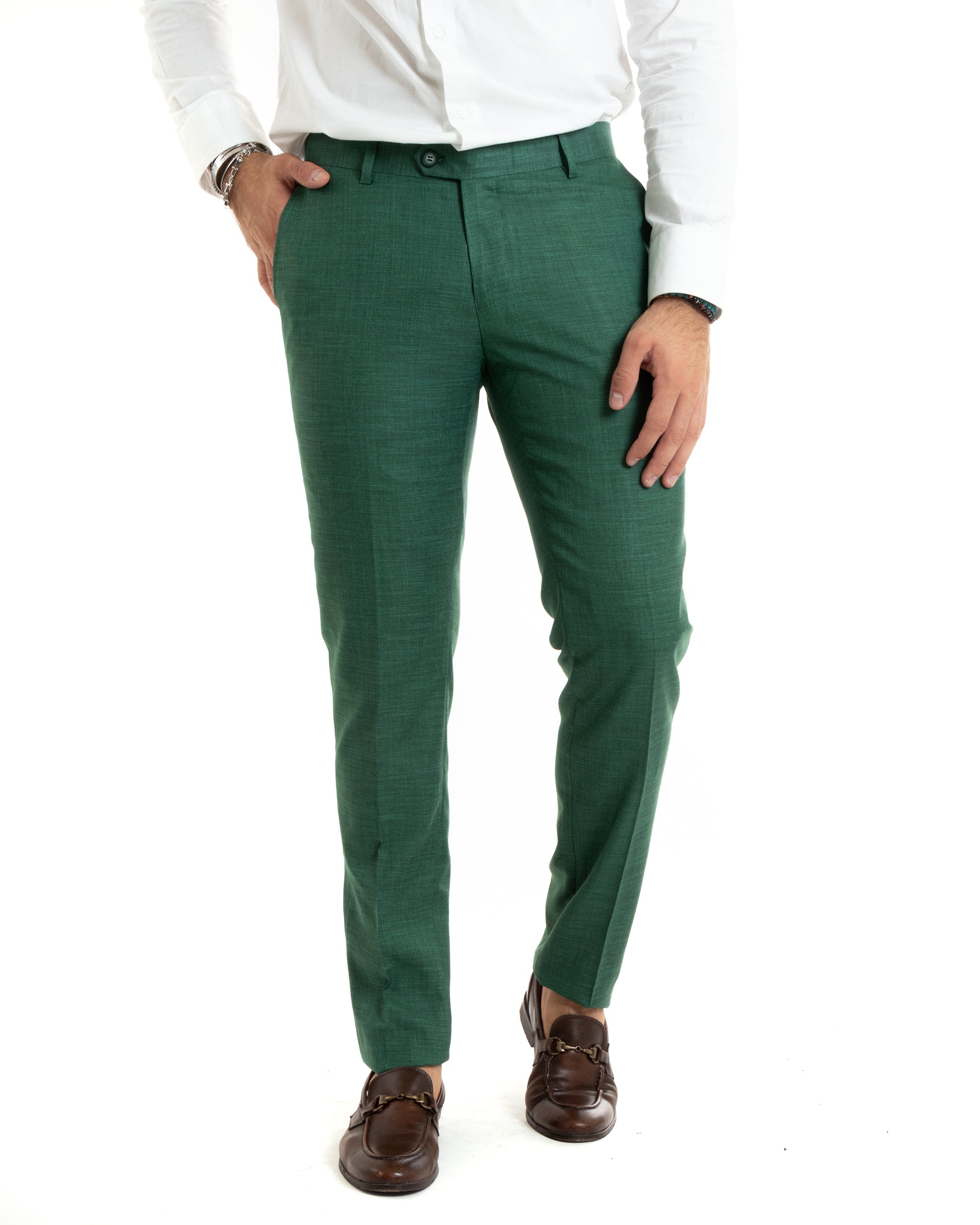 Pantaloni uomo verde melangiato slim fit abbottonatura allungata