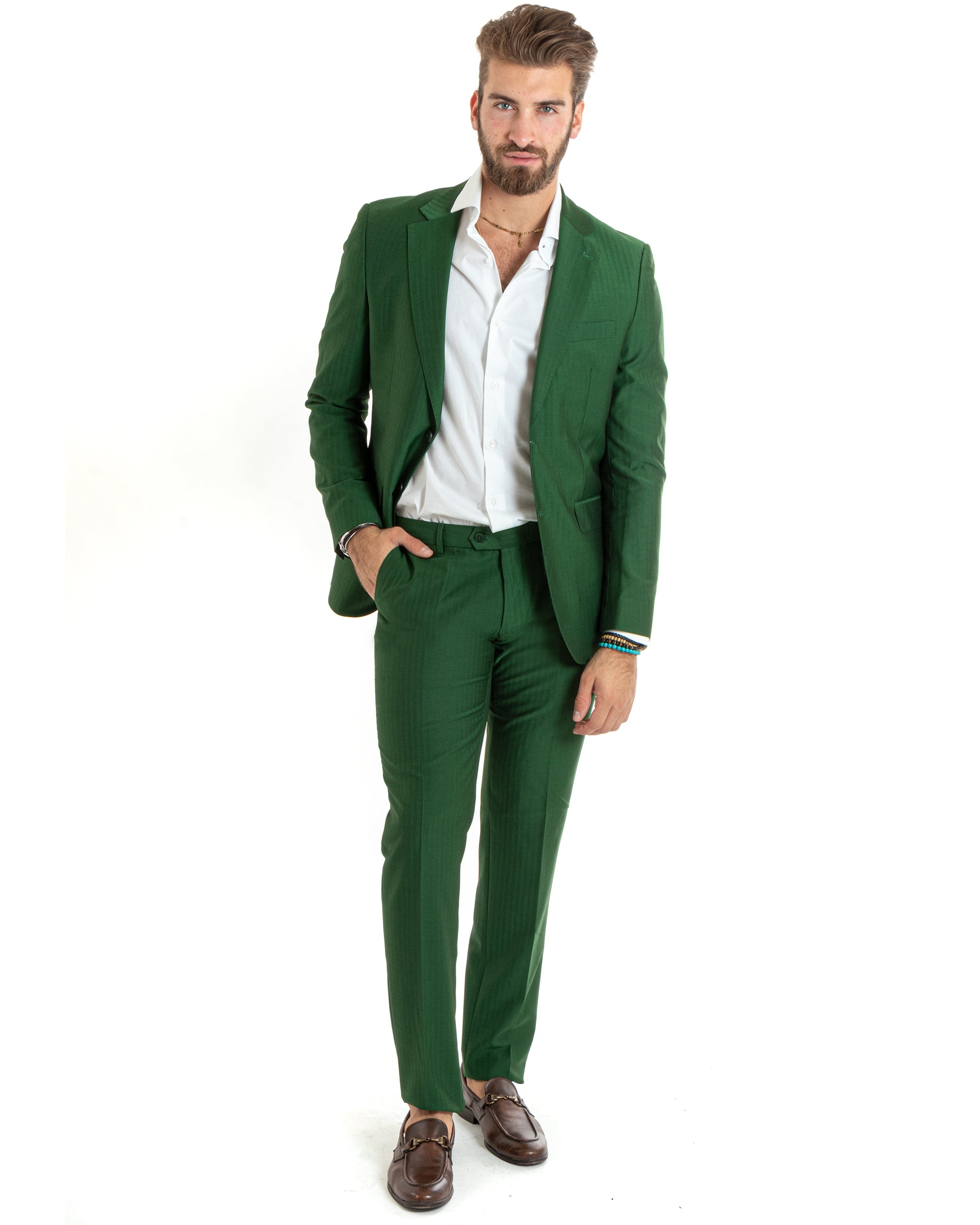 Abito Uomo Monopetto Vestito Gessato Solaro Completo Giacca Pantaloni Verde Elegante Casual GIOSAL-OU2429A