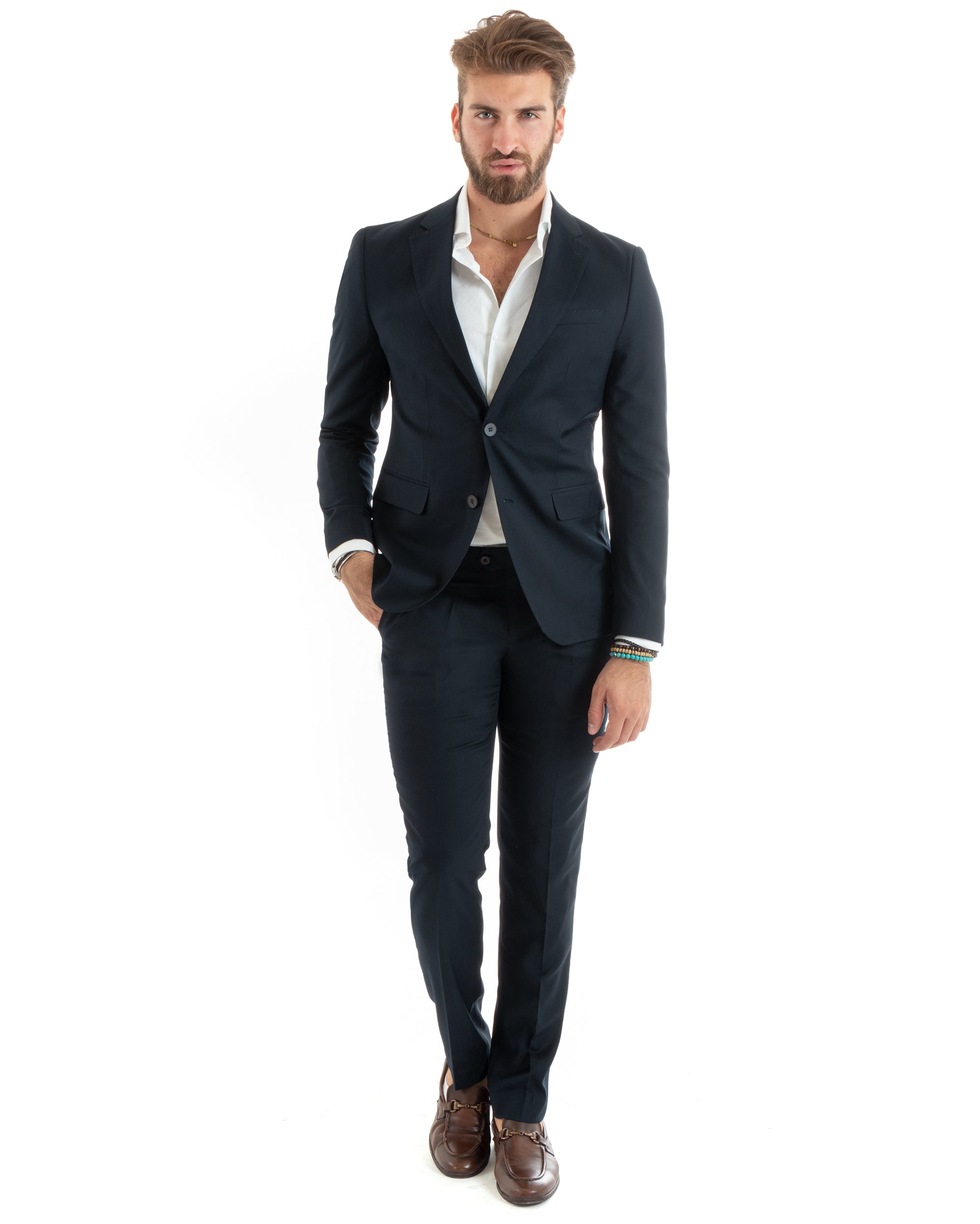 Abito Uomo Monopetto Vestito Viscosa Completo Giacca Pantaloni Elegante Casual Tinta Unita Blu GIOSAL-OU2430A
