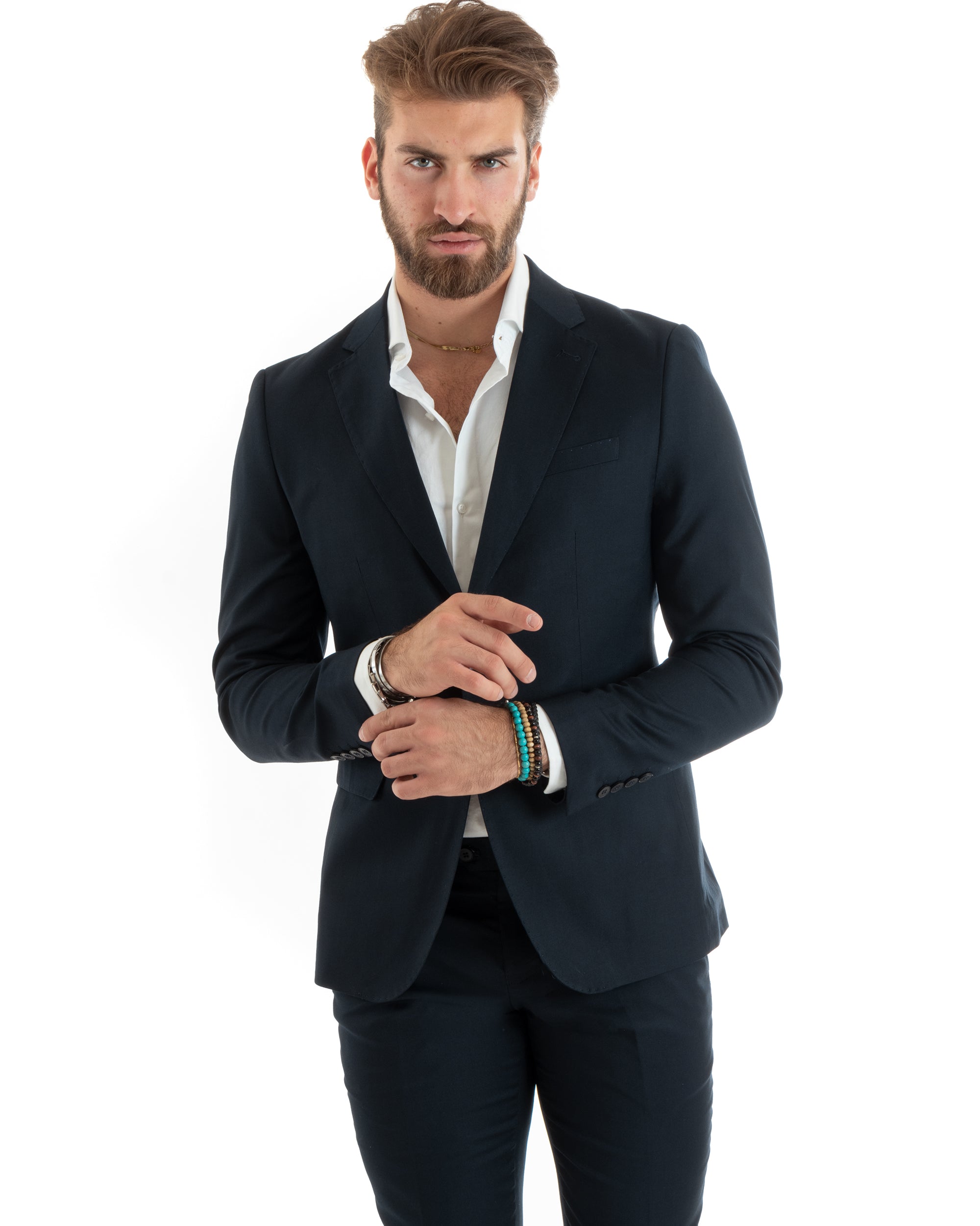 Abito Uomo Monopetto Vestito Viscosa Completo Giacca Pantaloni Elegante Casual Tinta Unita Blu GIOSAL-OU2430A