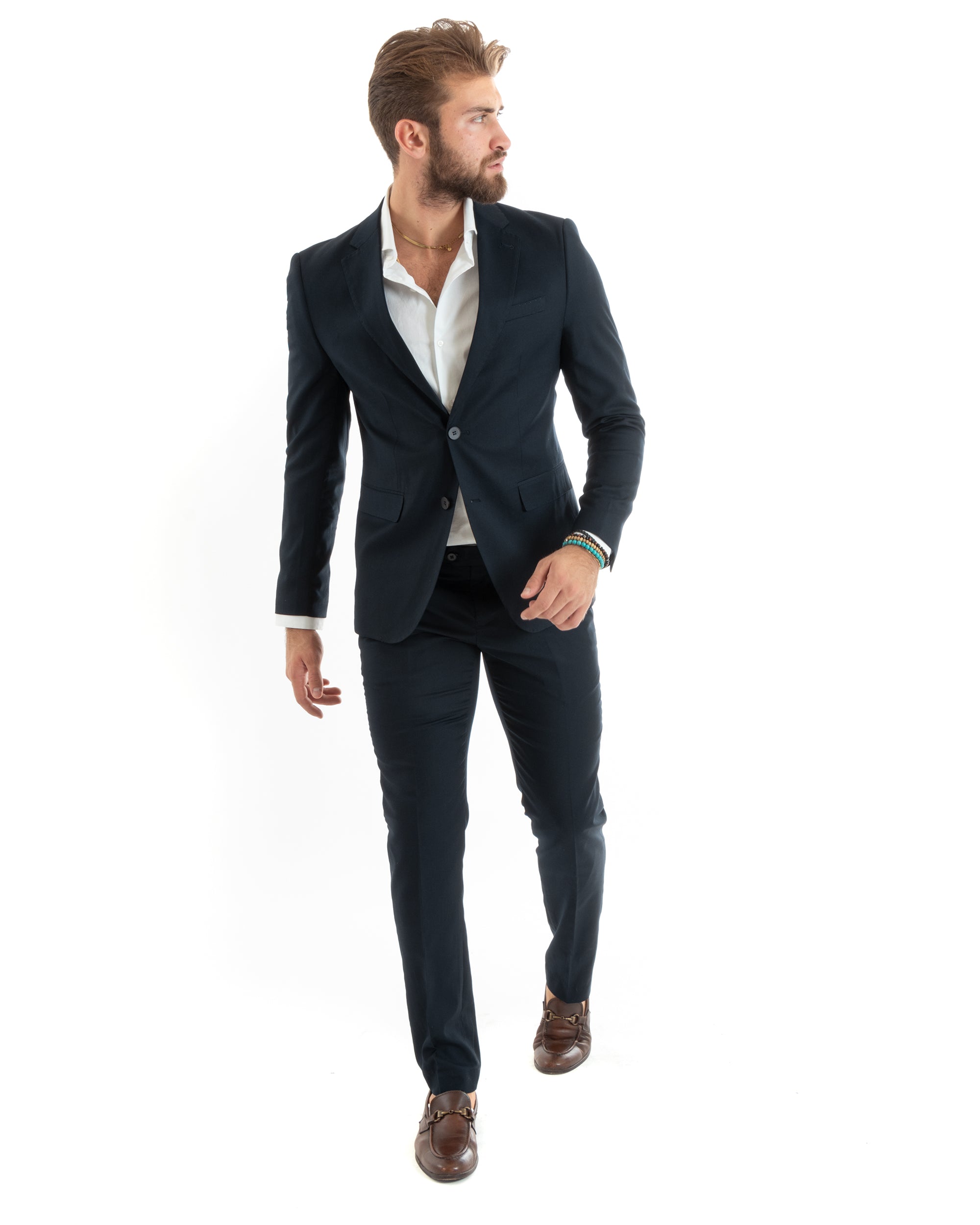 Abito Uomo Monopetto Vestito Viscosa Completo Giacca Pantaloni Elegante Casual Tinta Unita Blu GIOSAL-OU2430A