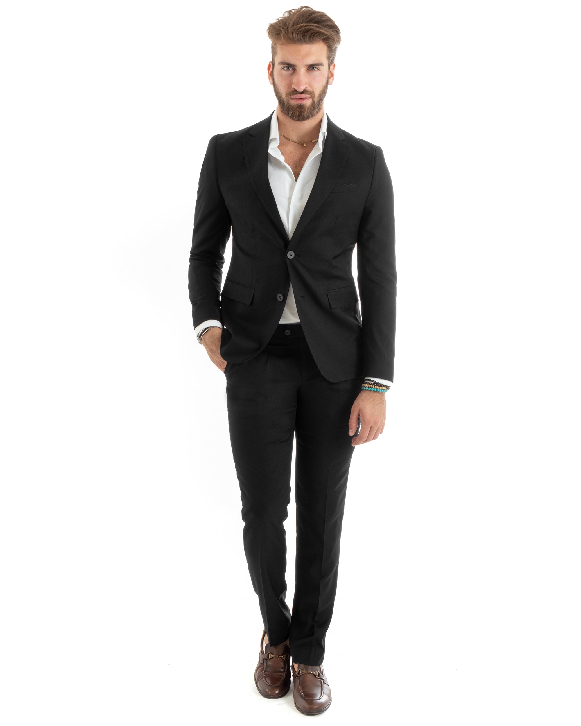 Abito Uomo Monopetto Vestito Viscosa Completo Giacca Pantaloni Elegante Casual Tinta Unita Nero GIOSAL-OU2431A