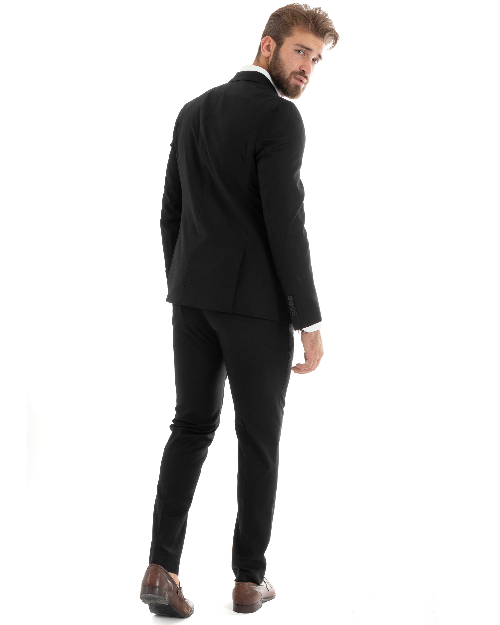 Abito Uomo Monopetto Vestito Viscosa Completo Giacca Pantaloni Elegante Casual Tinta Unita Nero GIOSAL-OU2431A
