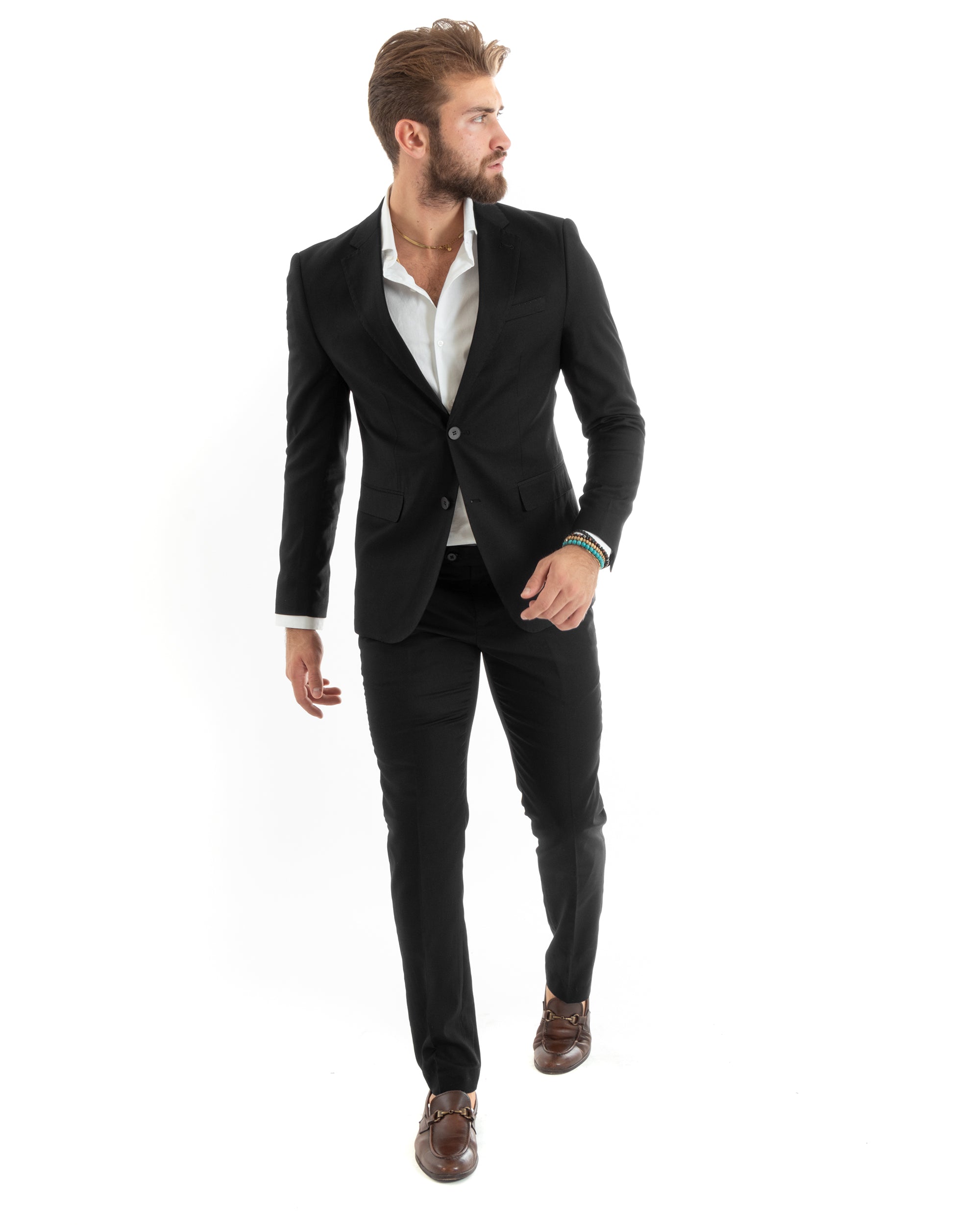 Abito Uomo Monopetto Vestito Viscosa Completo Giacca Pantaloni Elegante Casual Tinta Unita Nero GIOSAL-OU2431A