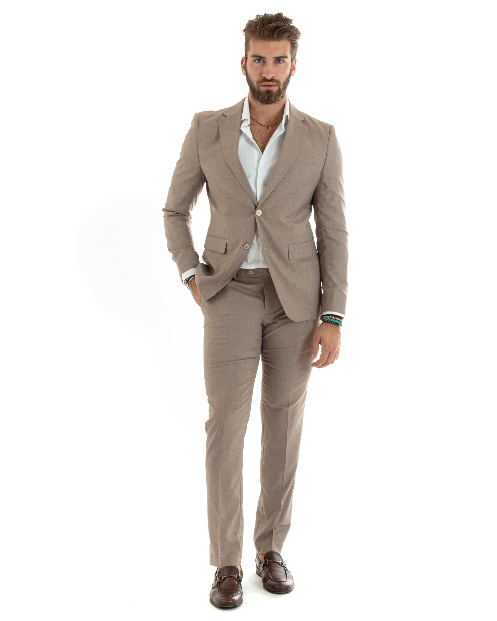 Abito Uomo Monopetto Vestito Viscosa Completo Giacca Pantaloni Elegante Casual Tinta Unita Beige GIOSAL-OU2432A