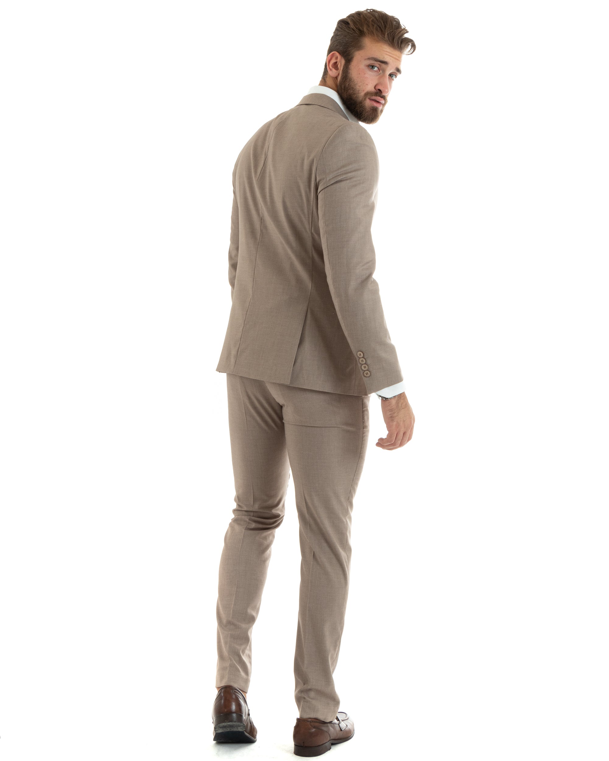 Abito Uomo Monopetto Vestito Viscosa Completo Giacca Pantaloni Elegante Casual Tinta Unita Beige GIOSAL-OU2432A