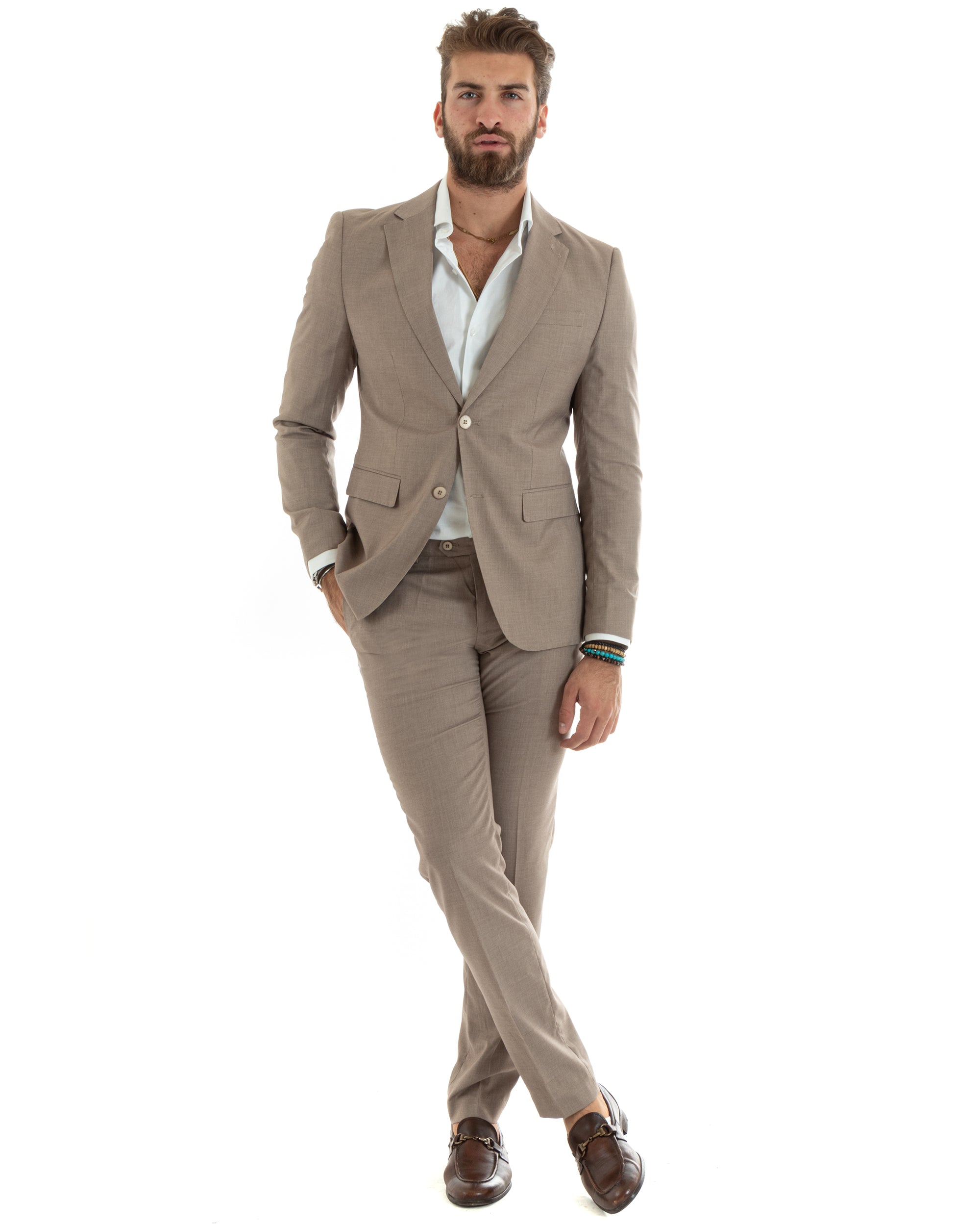 Abito Uomo Monopetto Vestito Viscosa Completo Giacca Pantaloni Elegante Casual Tinta Unita Beige GIOSAL-OU2432A