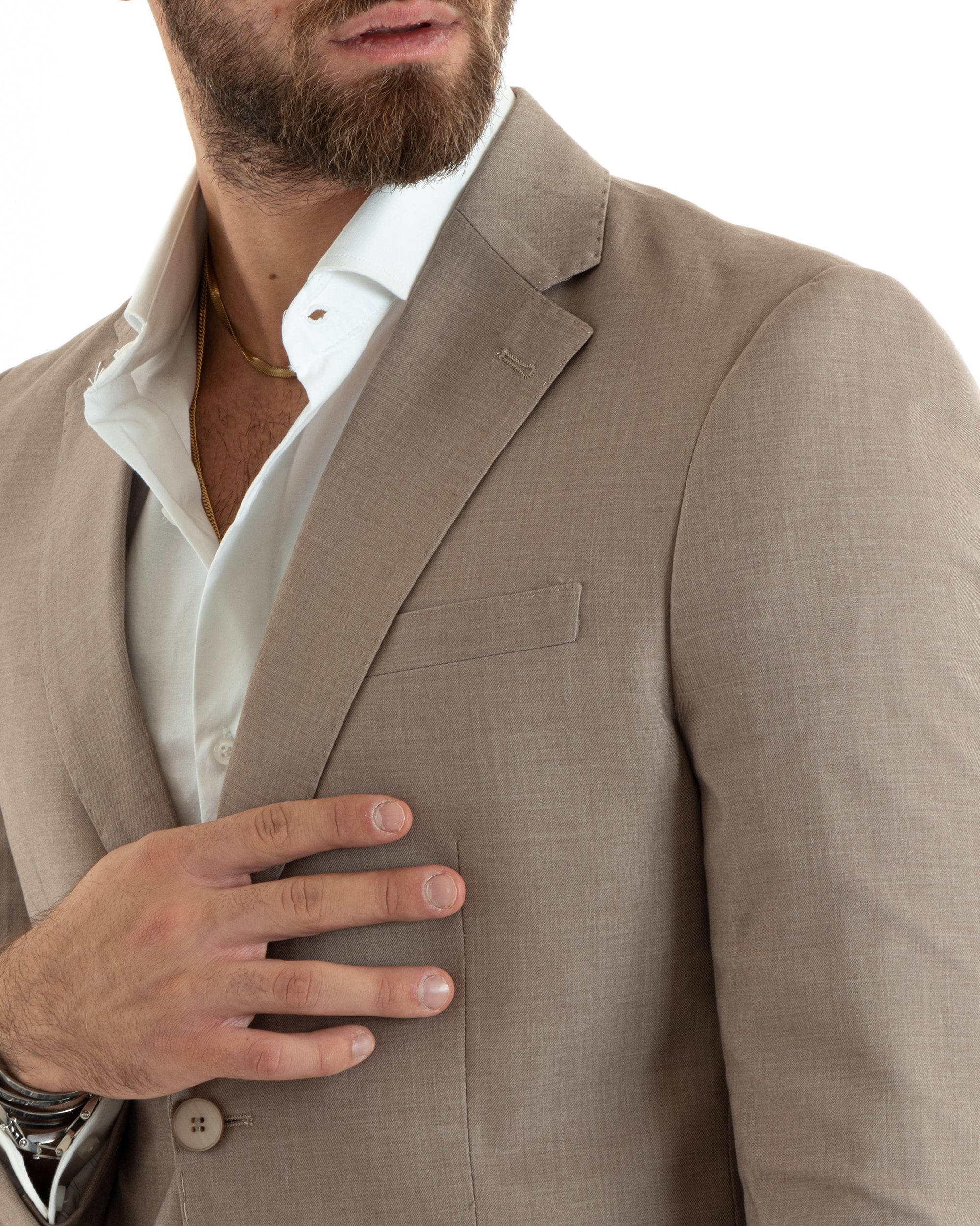 Abito Uomo Monopetto Vestito Viscosa Completo Giacca Pantaloni Elegante Casual Tinta Unita Beige GIOSAL-OU2432A