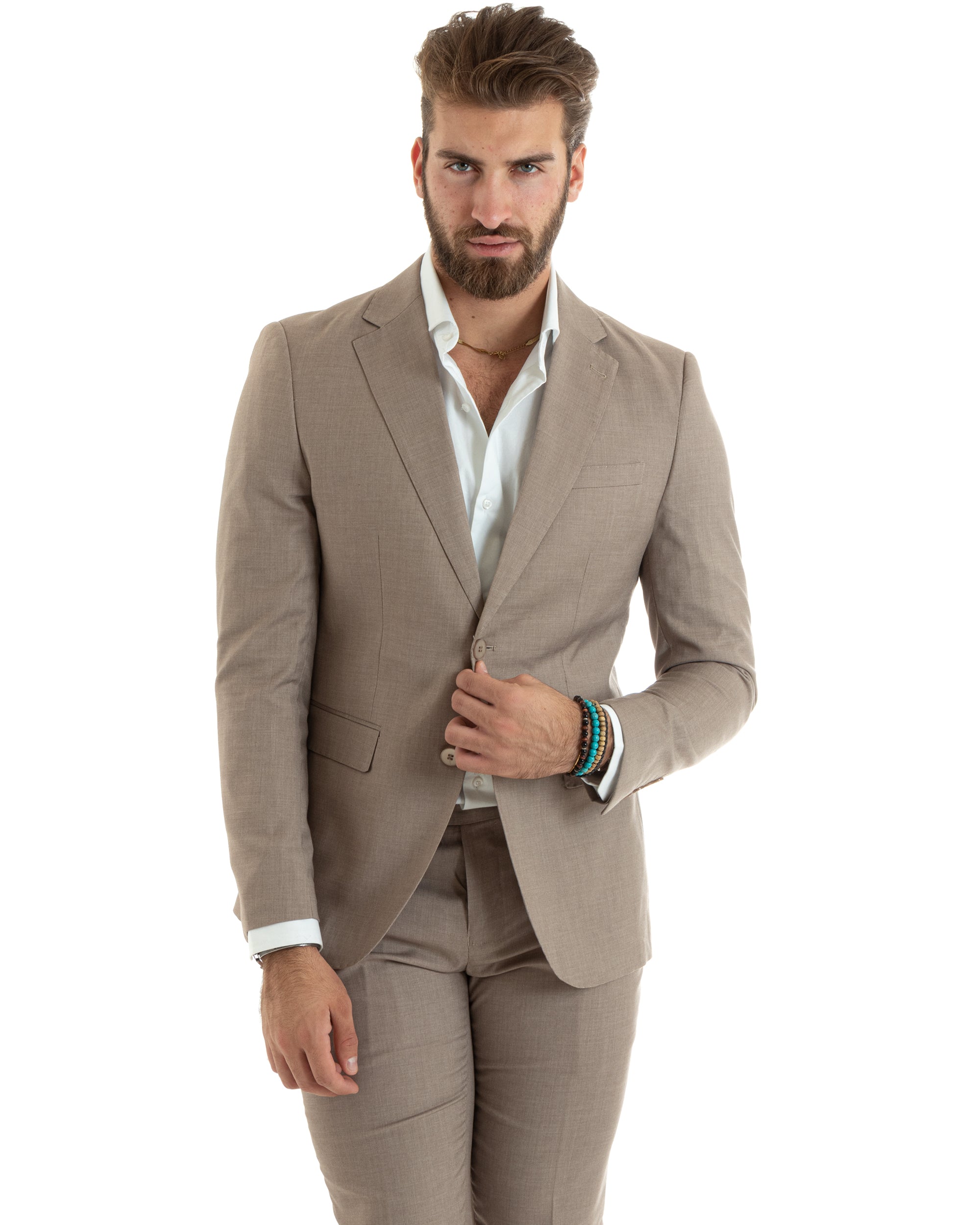 Abito Uomo Monopetto Vestito Viscosa Completo Giacca Pantaloni Elegante Casual Tinta Unita Beige GIOSAL-OU2432A