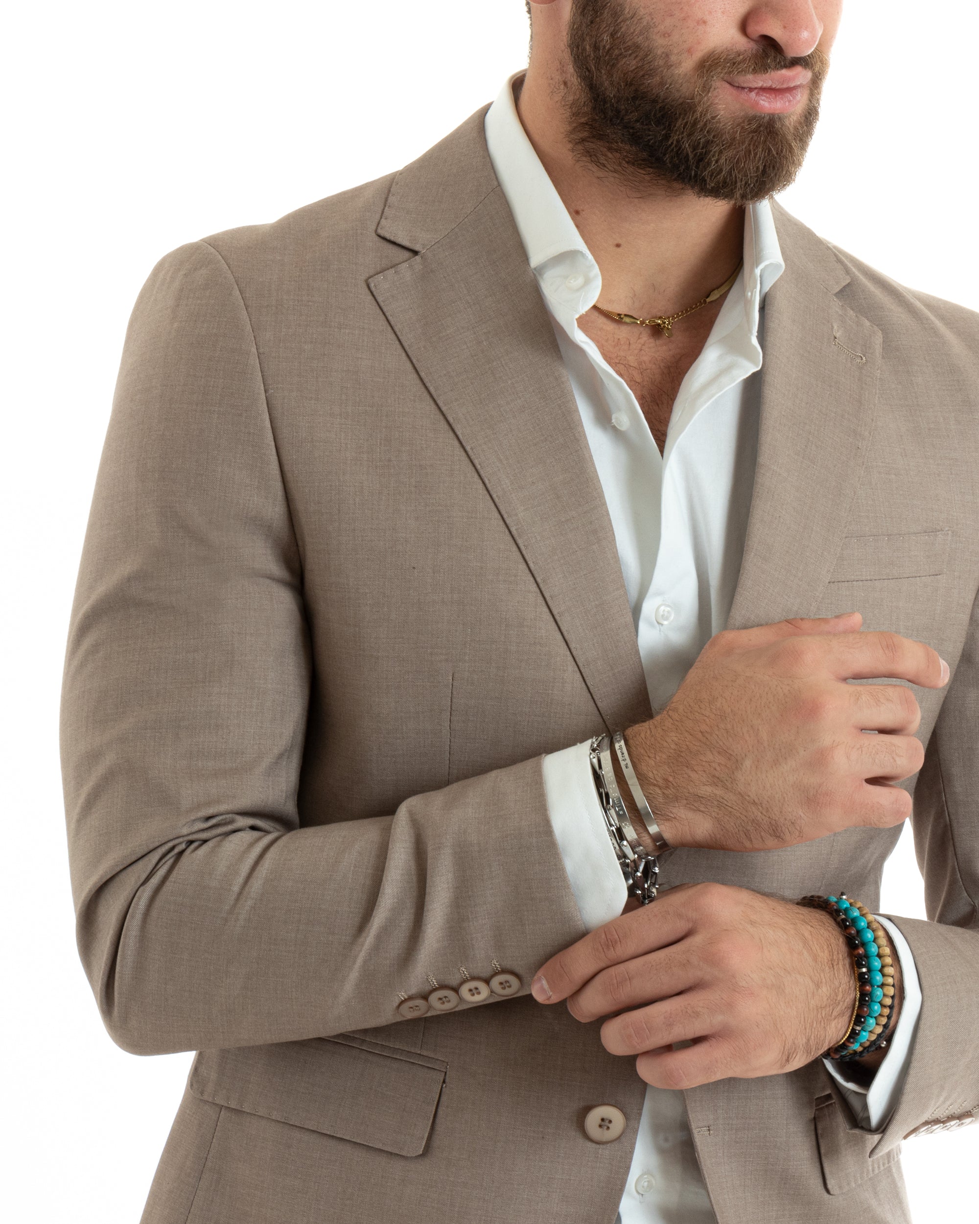 Abito Uomo Monopetto Vestito Viscosa Completo Giacca Pantaloni Elegante Casual Tinta Unita Beige GIOSAL-OU2432A