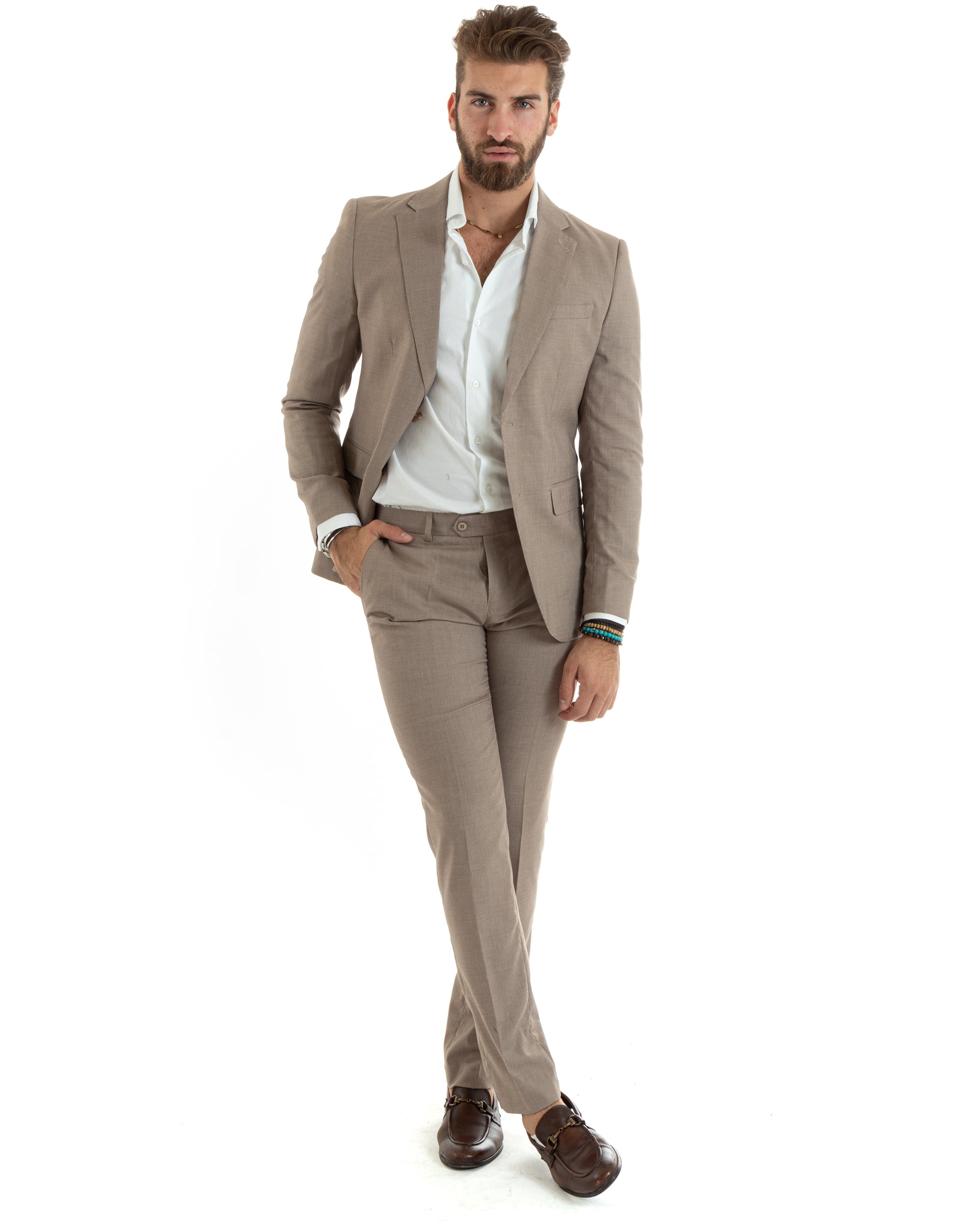 Abito Uomo Monopetto Vestito Viscosa Completo Giacca Pantaloni Elegante Casual Tinta Unita Beige GIOSAL-OU2432A