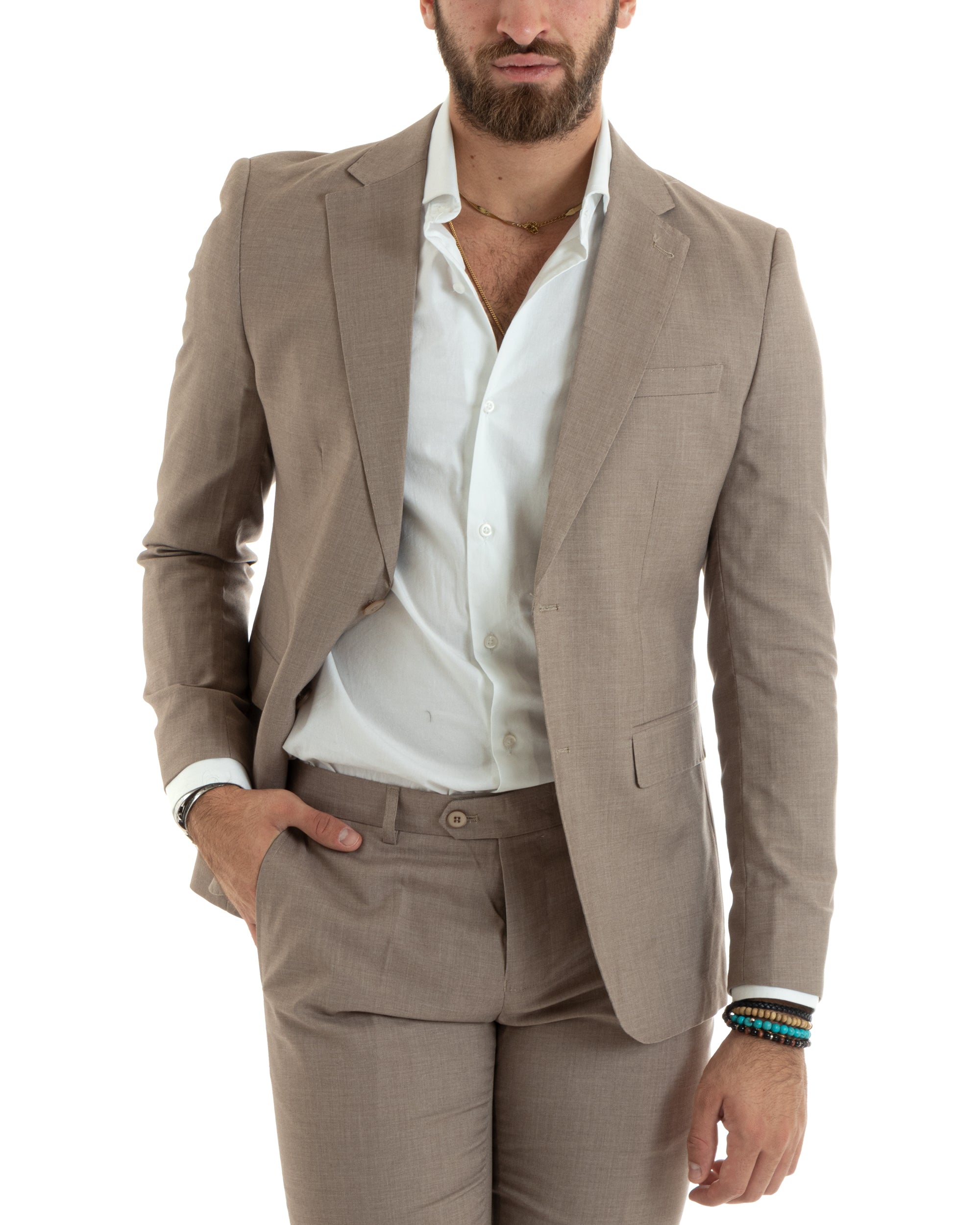 Abito Uomo Monopetto Vestito Viscosa Completo Giacca Pantaloni Elegante Casual Tinta Unita Beige GIOSAL-OU2432A