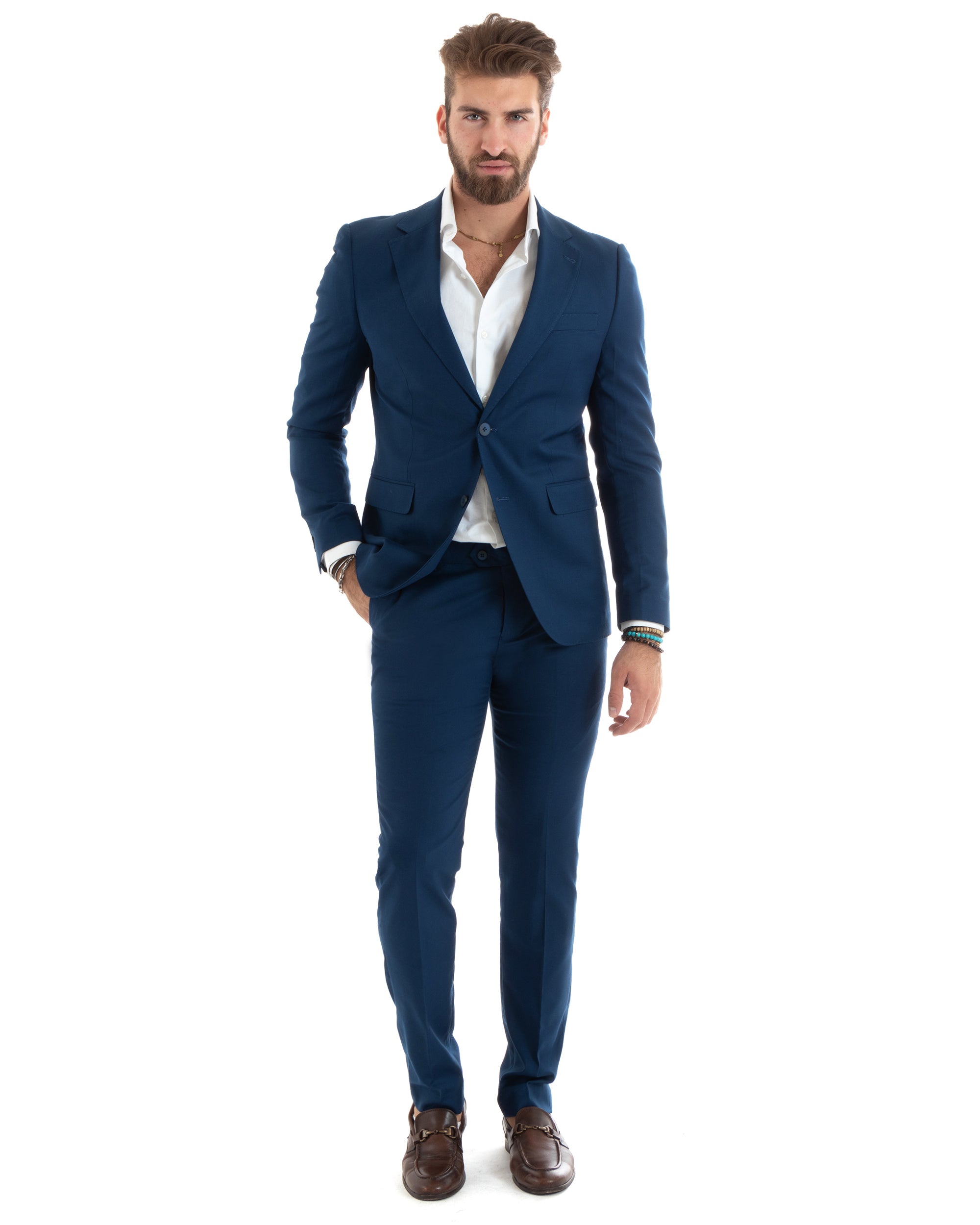 Abito Uomo Monopetto Vestito Viscosa Completo Giacca Pantaloni Elegante Casual Tinta Unita Blu Chiaro GIOSAL-OU2433A
