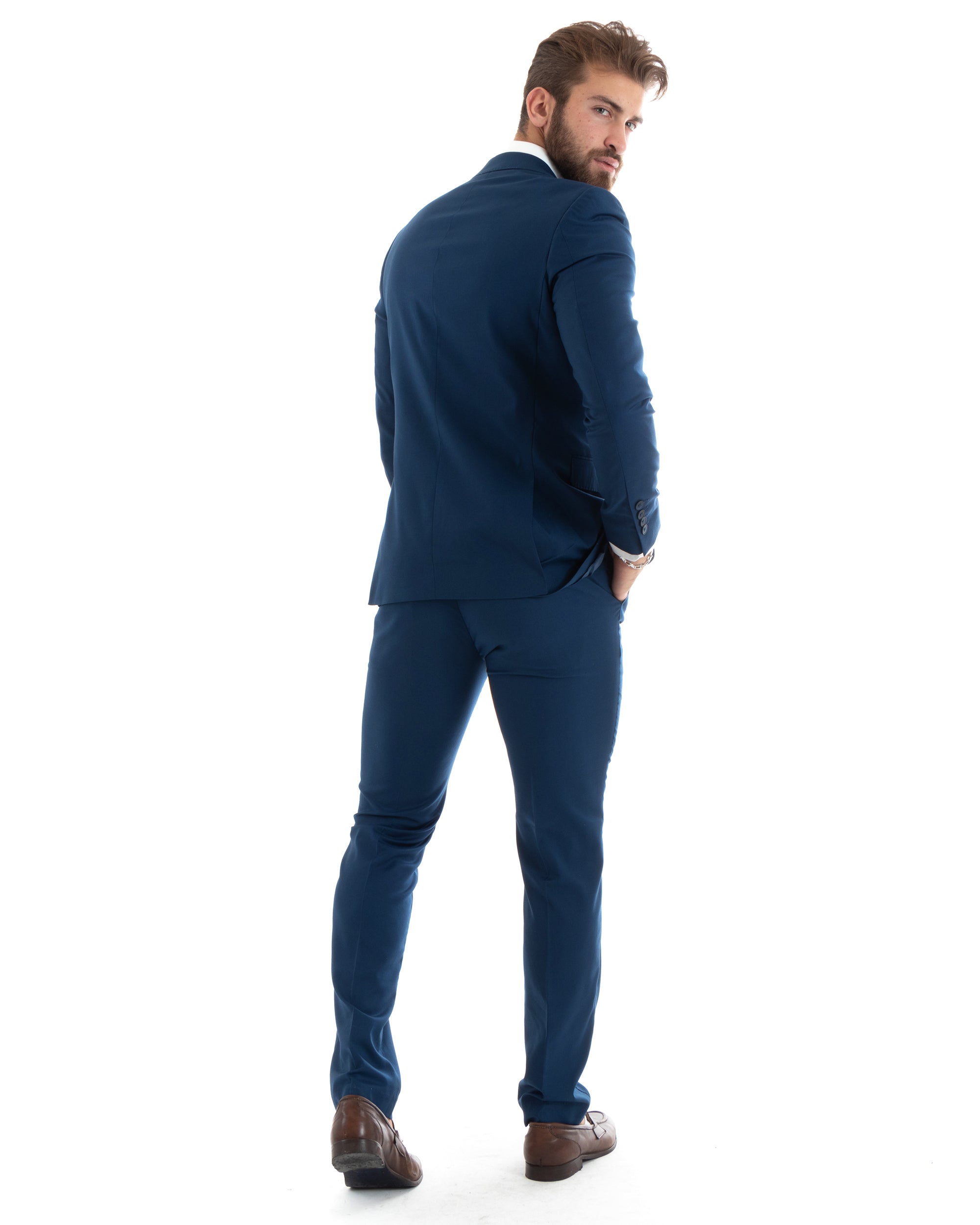Abito Uomo Monopetto Vestito Viscosa Completo Giacca Pantaloni Elegante Casual Tinta Unita Blu Chiaro GIOSAL-OU2433A