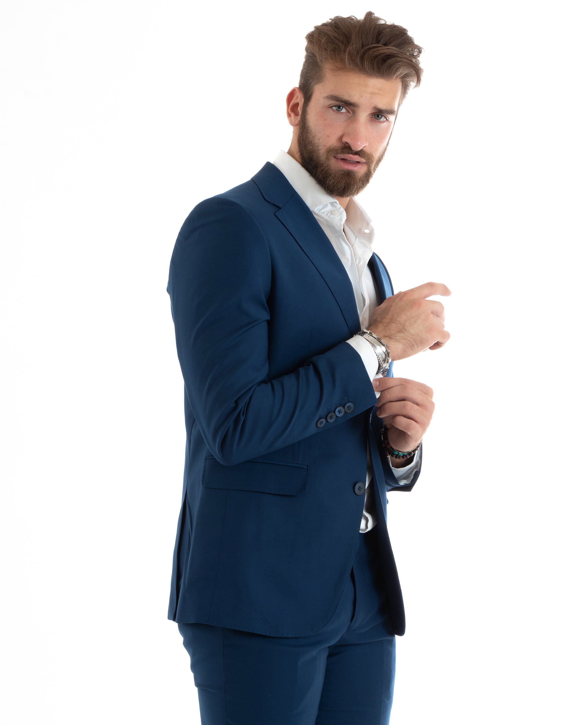 Abito Uomo Monopetto Vestito Viscosa Completo Giacca Pantaloni Elegante Casual Tinta Unita Blu Chiaro GIOSAL-OU2433A