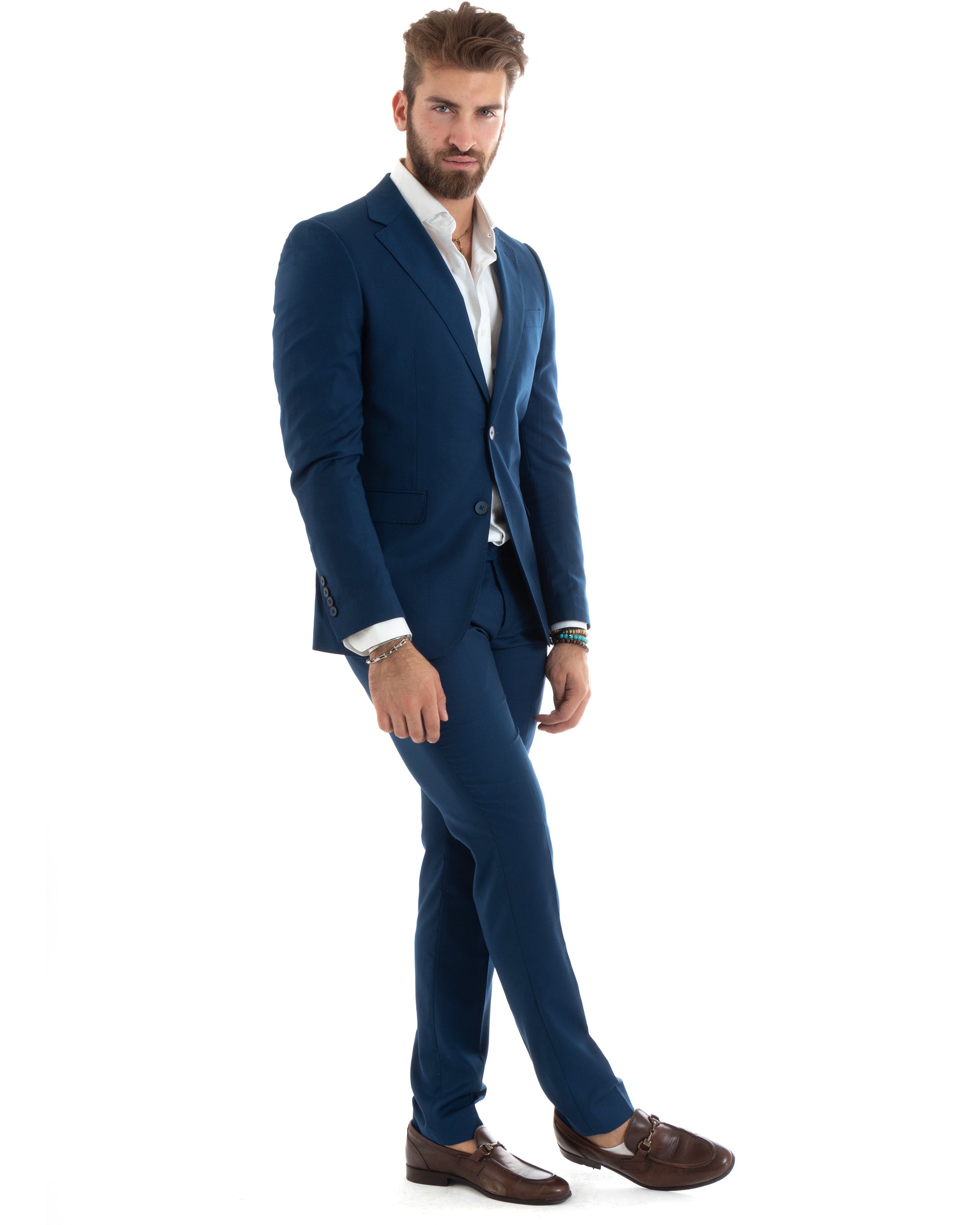 Abito Uomo Monopetto Vestito Viscosa Completo Giacca Pantaloni Elegante Casual Tinta Unita Blu Chiaro GIOSAL-OU2433A