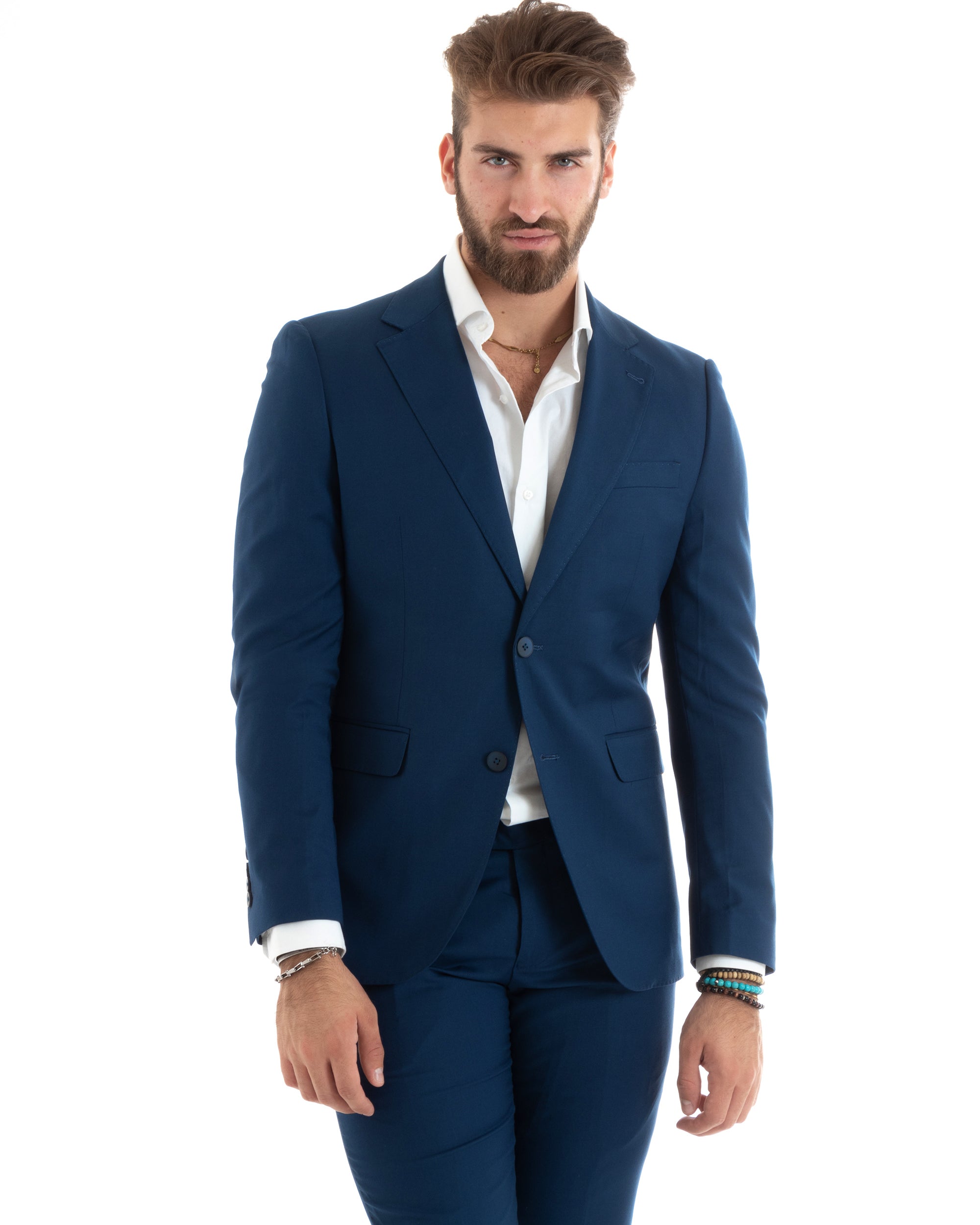Abito Uomo Monopetto Vestito Viscosa Completo Giacca Pantaloni Elegante Casual Tinta Unita Blu Chiaro GIOSAL-OU2433A