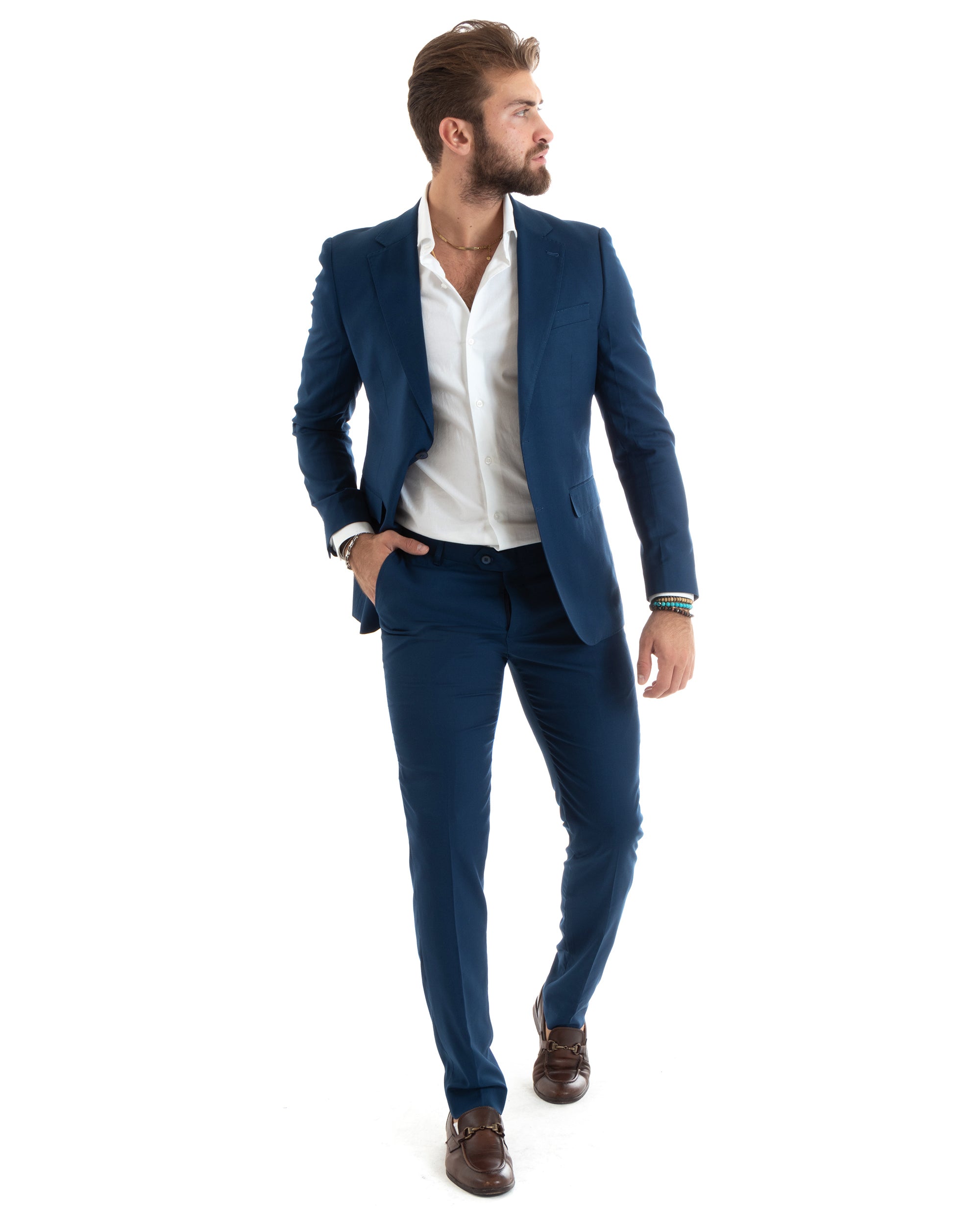Abito Uomo Monopetto Vestito Viscosa Completo Giacca Pantaloni Elegante Casual Tinta Unita Blu Chiaro GIOSAL-OU2433A
