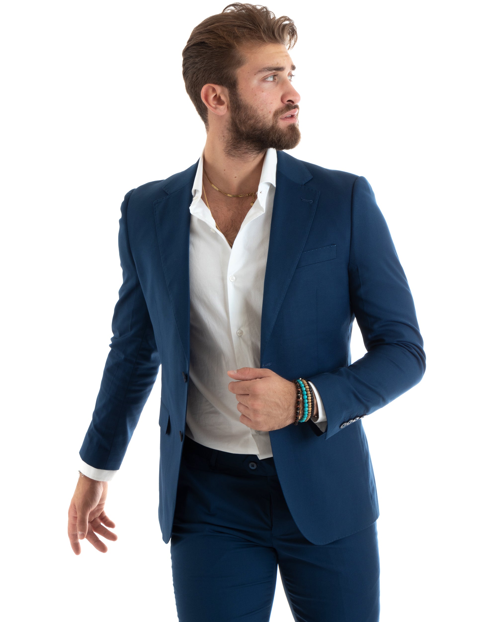 Abito Uomo Monopetto Vestito Viscosa Completo Giacca Pantaloni Elegante Casual Tinta Unita Blu Chiaro GIOSAL-OU2433A