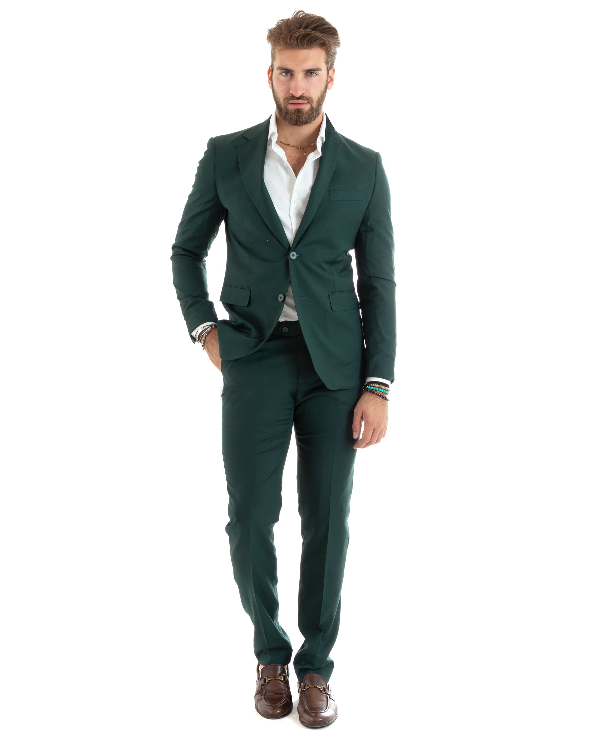 Abito Uomo Monopetto Vestito Viscosa Completo Giacca Pantaloni Elegante Casual Tinta Unita Verde GIOSAL-OU2434A
