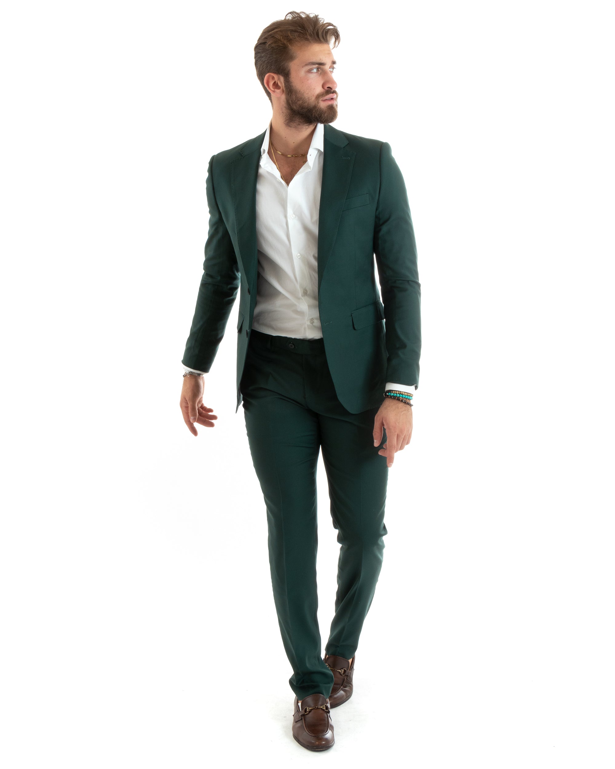Giacca monopetto uomo verde con revers classici e tasche a filetto