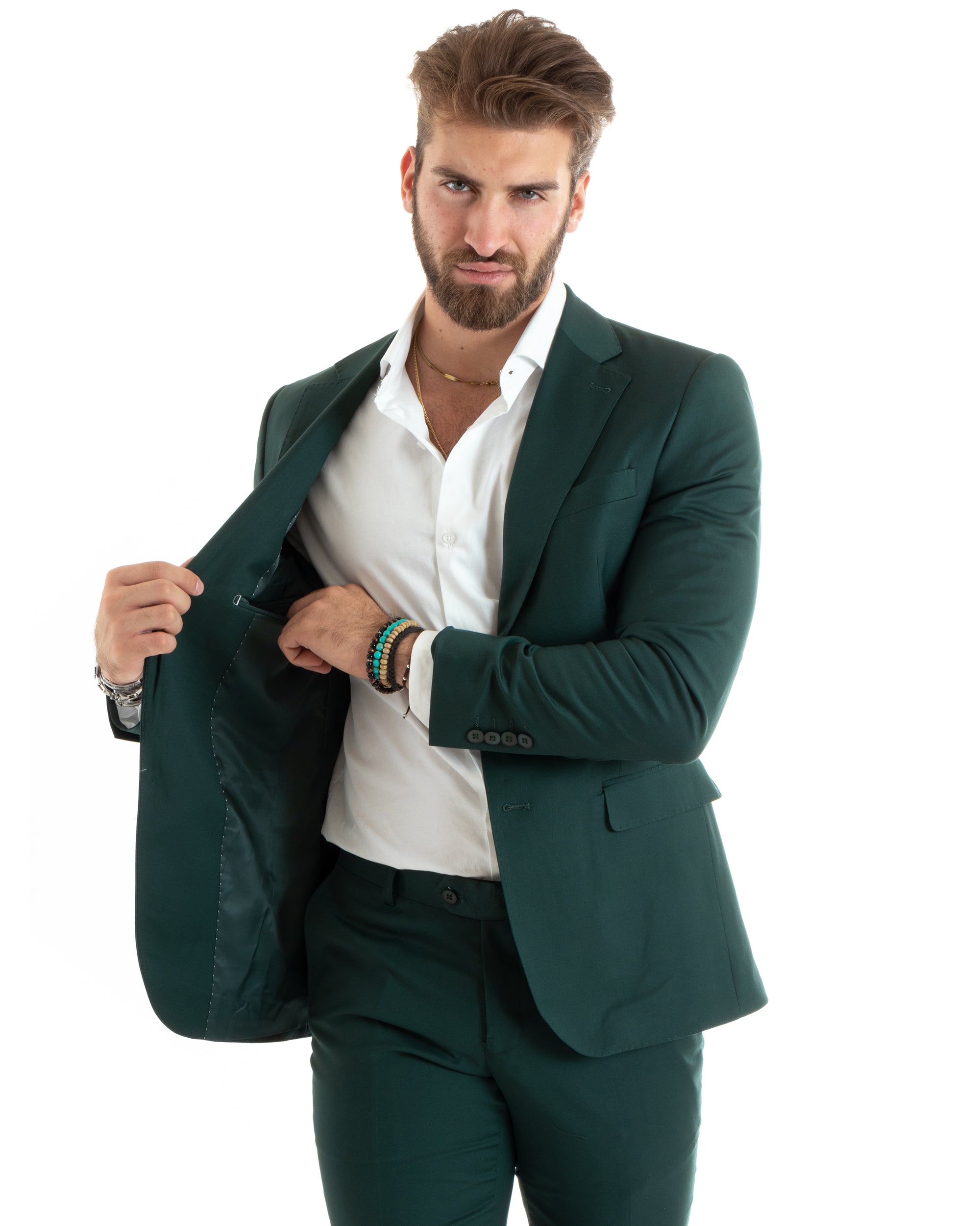 Abito Uomo Monopetto Vestito Viscosa Completo Giacca Pantaloni Elegante Casual Tinta Unita Verde GIOSAL-OU2434A