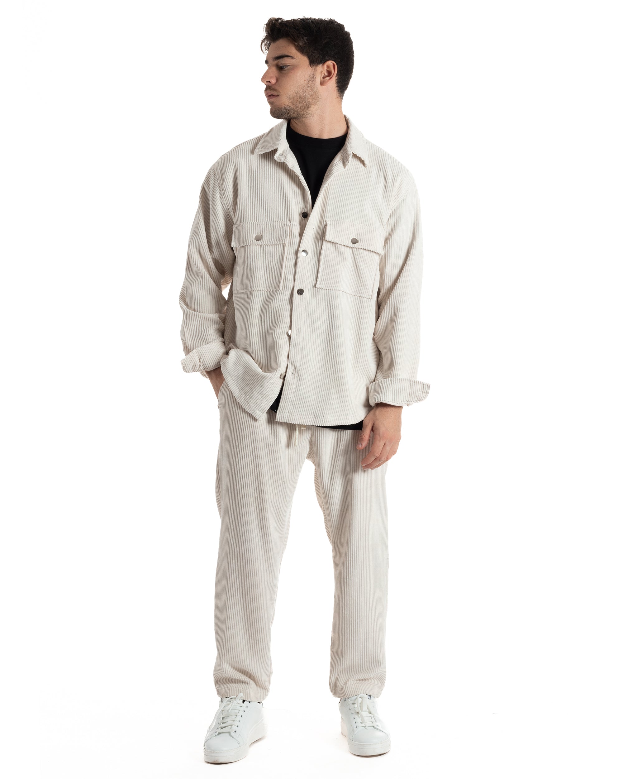 Completo Set Coordinato Uomo Velluto Costine Camicia Con Colletto Pantalaccio Outfit Panna GIOSAL-OU2435A