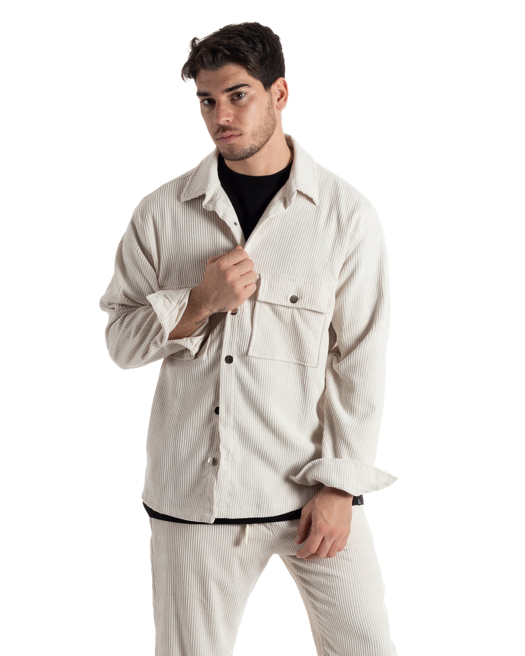 Completo Set Coordinato Uomo Velluto Costine Camicia Con Colletto Pantalaccio Outfit Panna GIOSAL-OU2435A