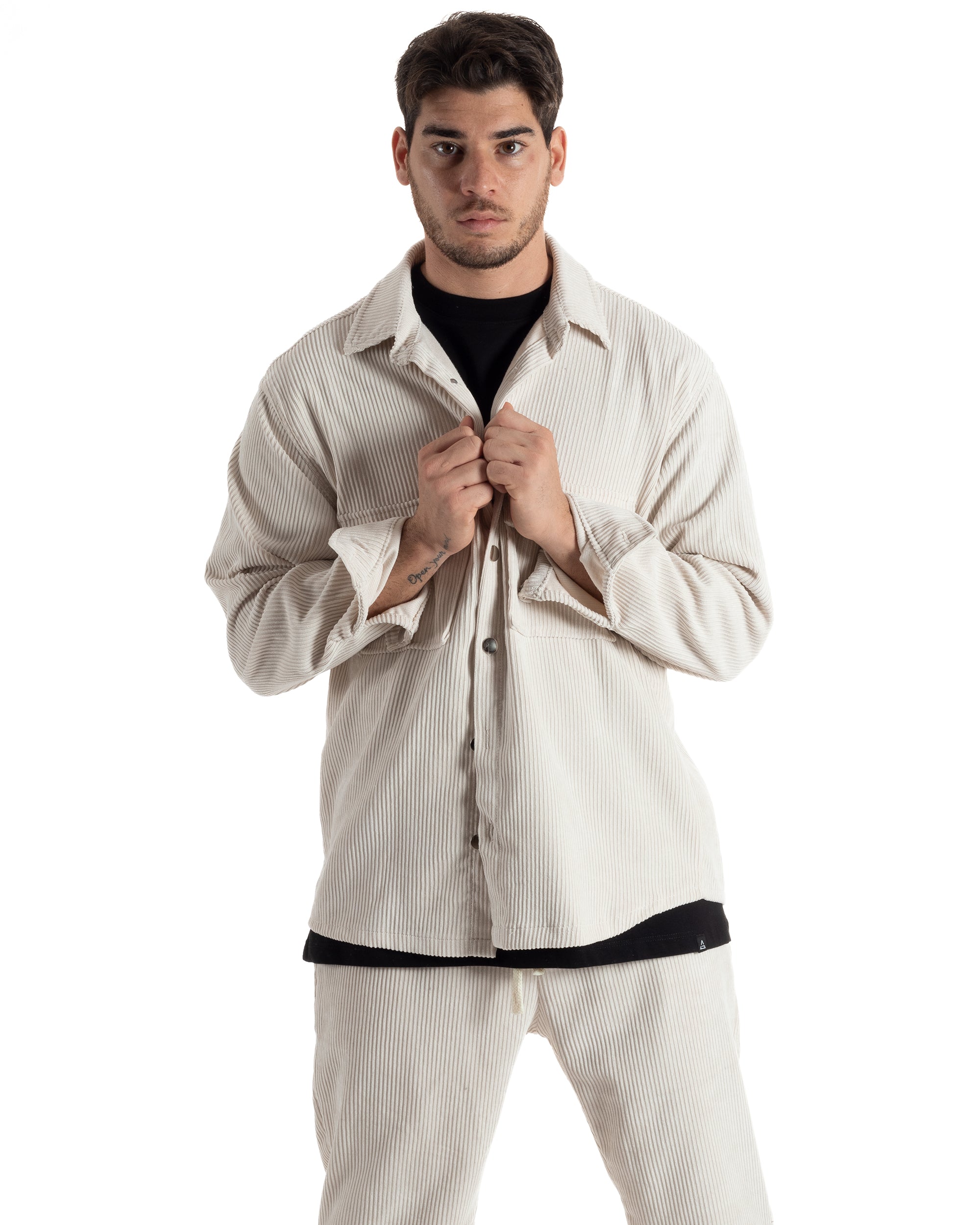 Completo Set Coordinato Uomo Velluto Costine Camicia Con Colletto Pantalaccio Outfit Panna GIOSAL-OU2435A