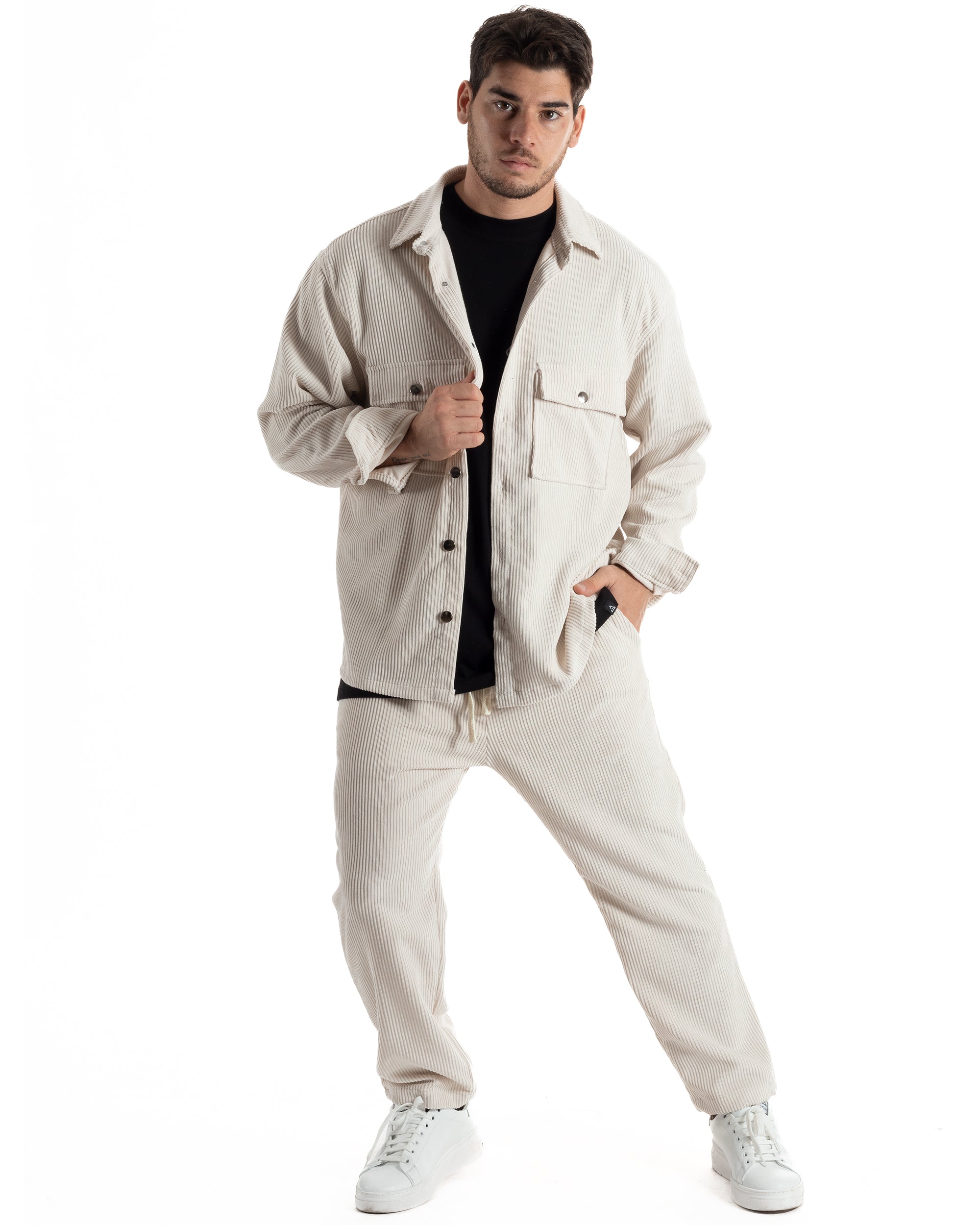 Completo Set Coordinato Uomo Velluto Costine Camicia Con Colletto Pantalaccio Outfit Panna GIOSAL-OU2435A