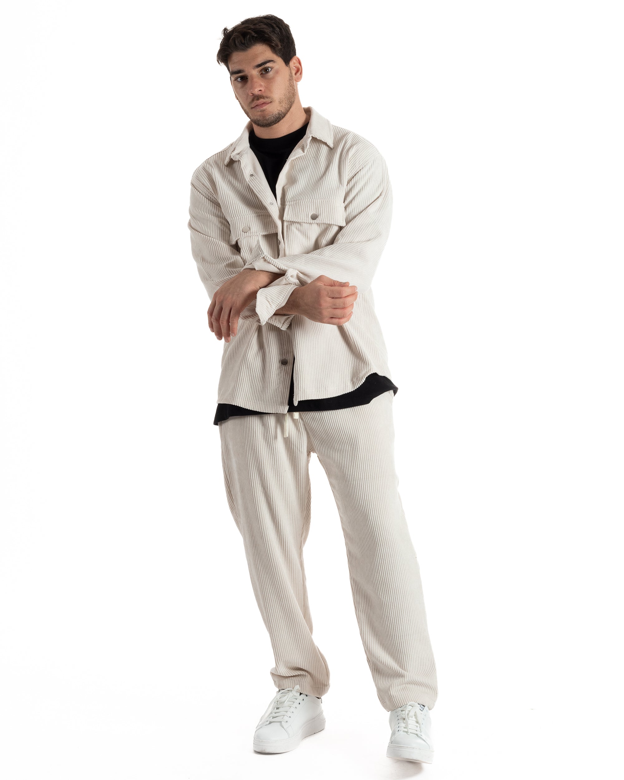 Completo Set Coordinato Uomo Velluto Costine Camicia Con Colletto Pantalaccio Outfit Panna GIOSAL-OU2435A