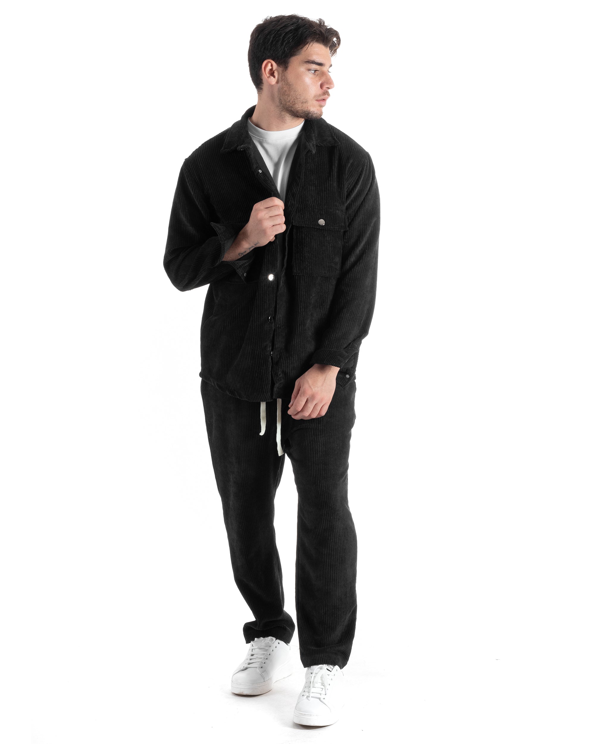 Completo Set Coordinato Uomo Velluto Costine Camicia Con Colletto Pantalaccio Outfit Nero GIOSAL-OU2436A