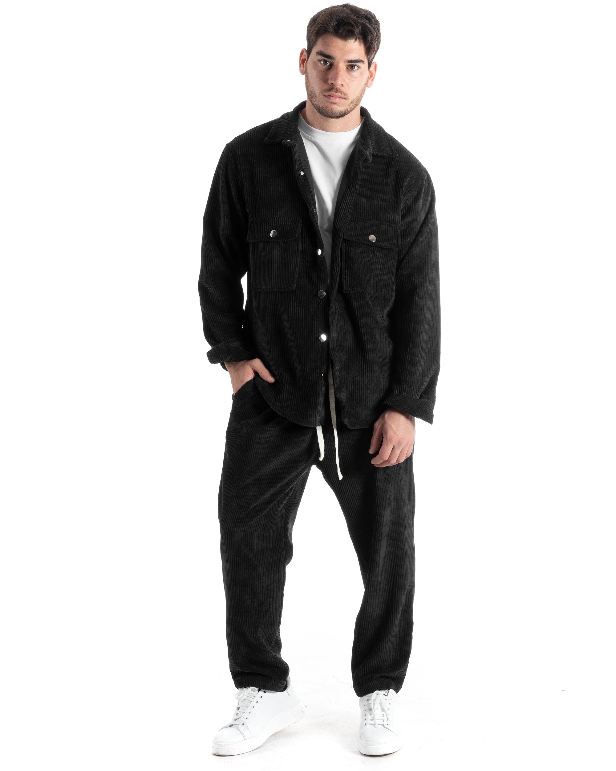 Completo Set Coordinato Uomo Velluto Costine Camicia Con Colletto Pantalaccio Outfit Nero GIOSAL-OU2436A