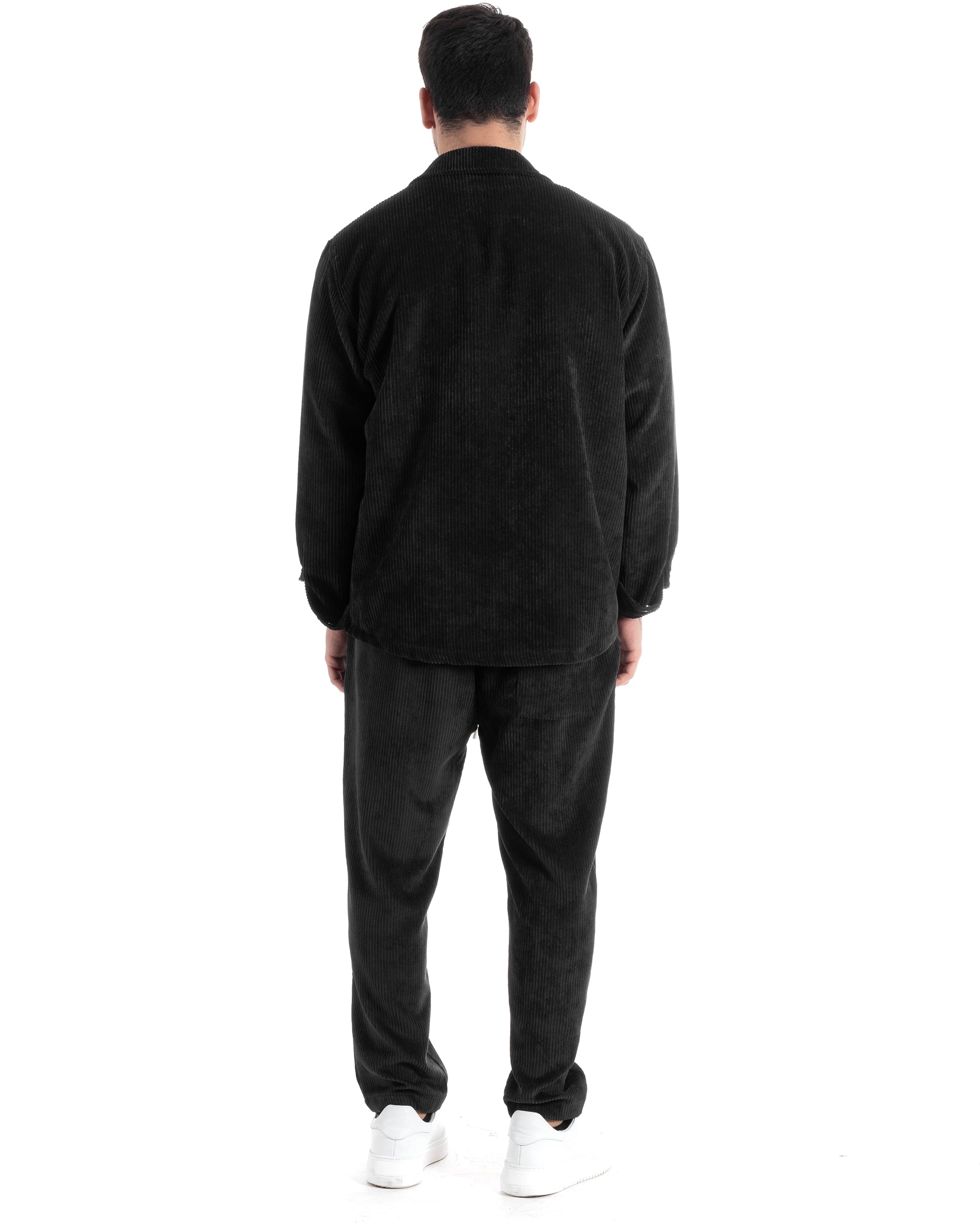 Completo Set Coordinato Uomo Velluto Costine Camicia Con Colletto Pantalaccio Outfit Nero GIOSAL-OU2436A