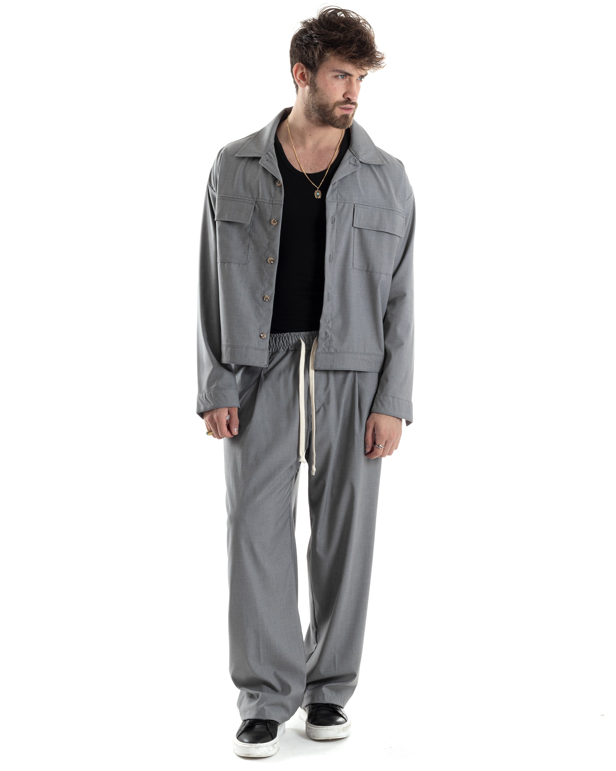 Camicia Pigiama Taglio Maschile Completo Boxy Set Coordinato Uomo