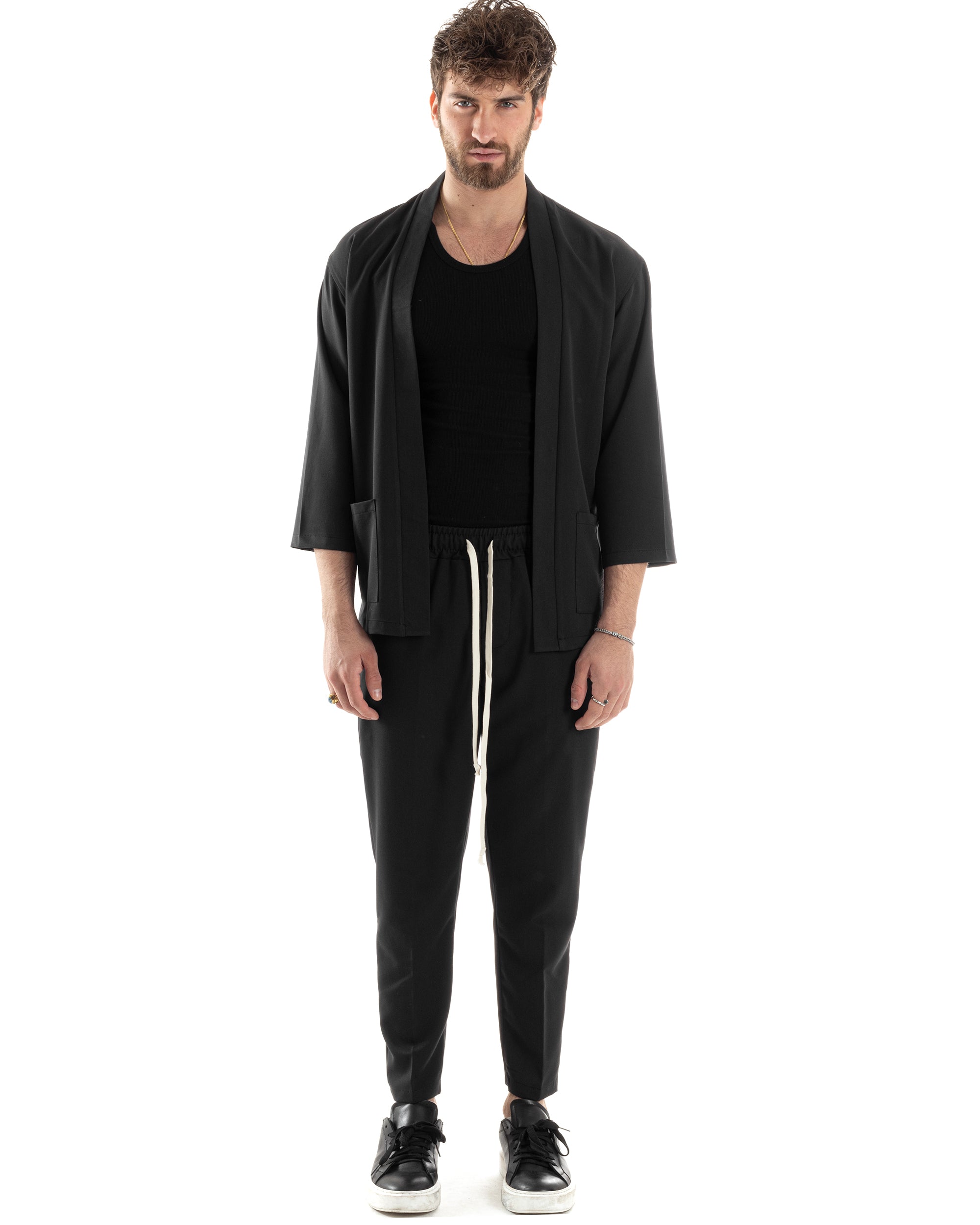 Kimono-Set für Herren aus Viskose, bestehend aus Jacke und Hose, Schwarz, Lässig, Elegant, GIOSAL-OU2445A