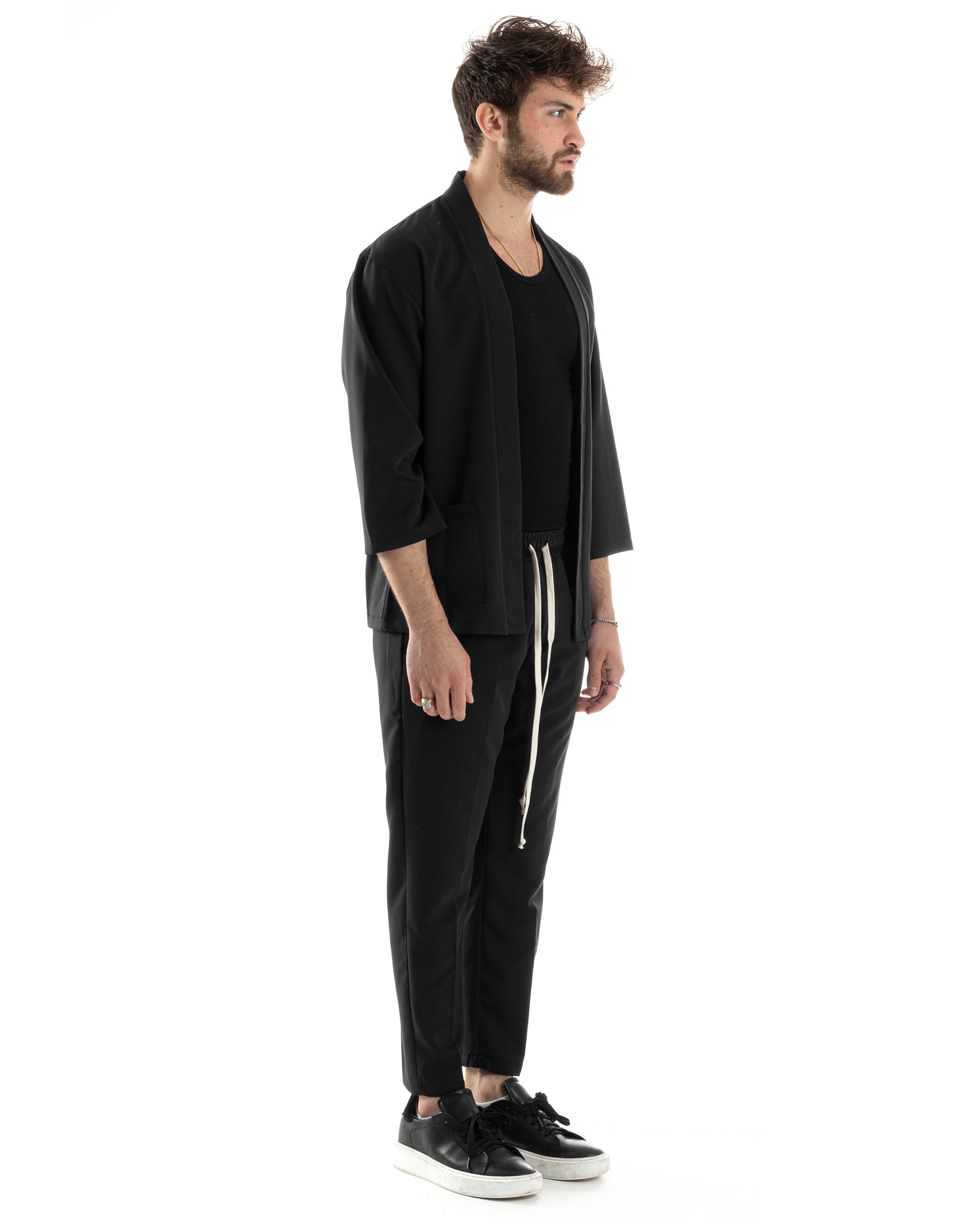 Kimono-Set für Herren aus Viskose, bestehend aus Jacke und Hose, Schwarz, Lässig, Elegant, GIOSAL-OU2445A